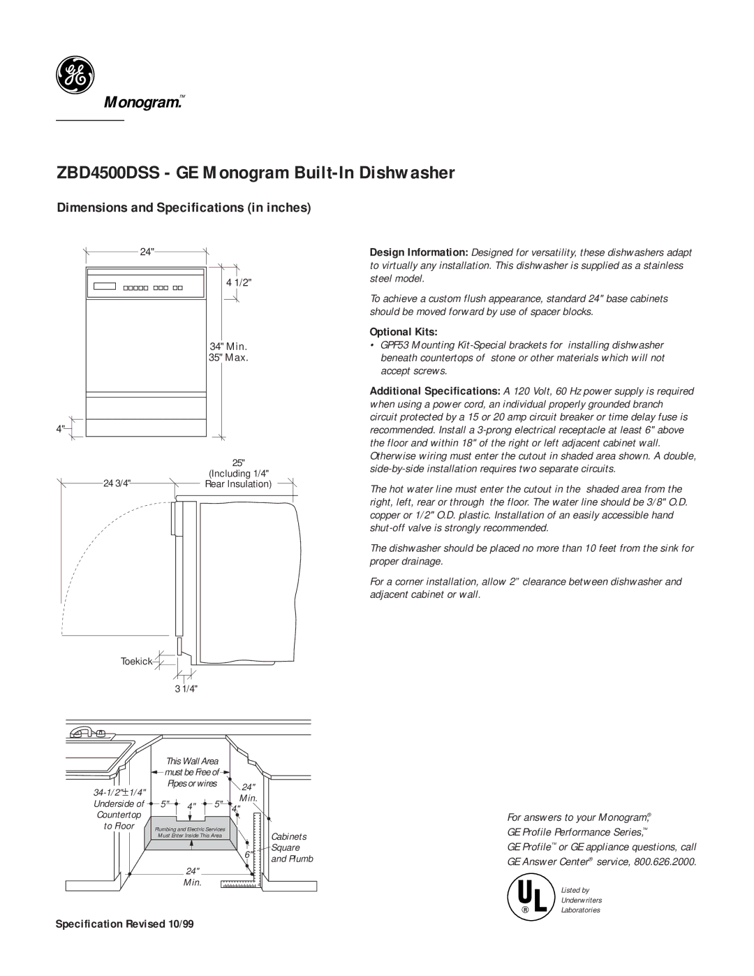 GE dimensions ZBD4500DSS GE Monogram Built-In Dishwasher, Dimensions and Specifications in inches, Optional Kits 