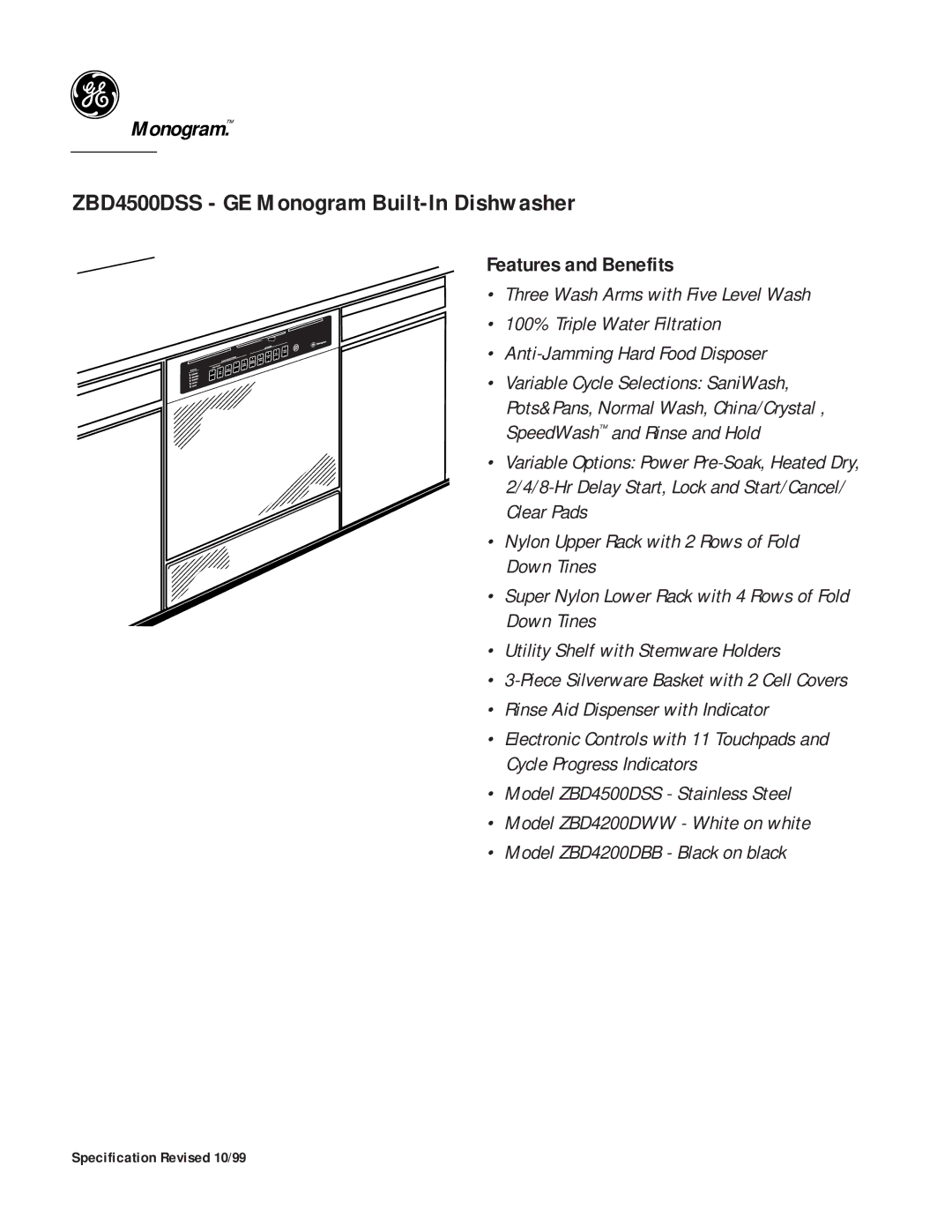 GE ZBD4200DBB, ZBD4200DWW, ZBD4500DSS dimensions Features and Benefits 