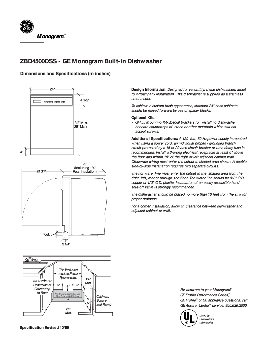 GE dimensions ZBD4500DSS - GE Monogram Built-InDishwasher, Dimensions and Specifications in inches, Optional Kits 