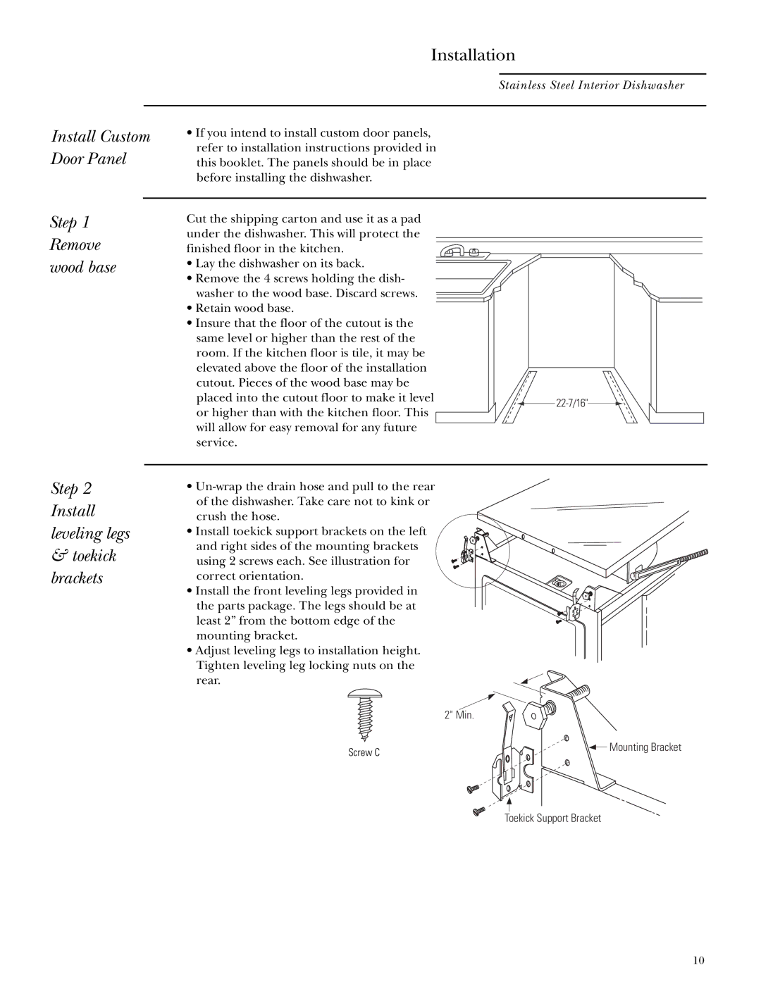 GE ZBD5600, ZBD5700, ZBD5900 installation instructions Step, Toekick Brackets, Installation 