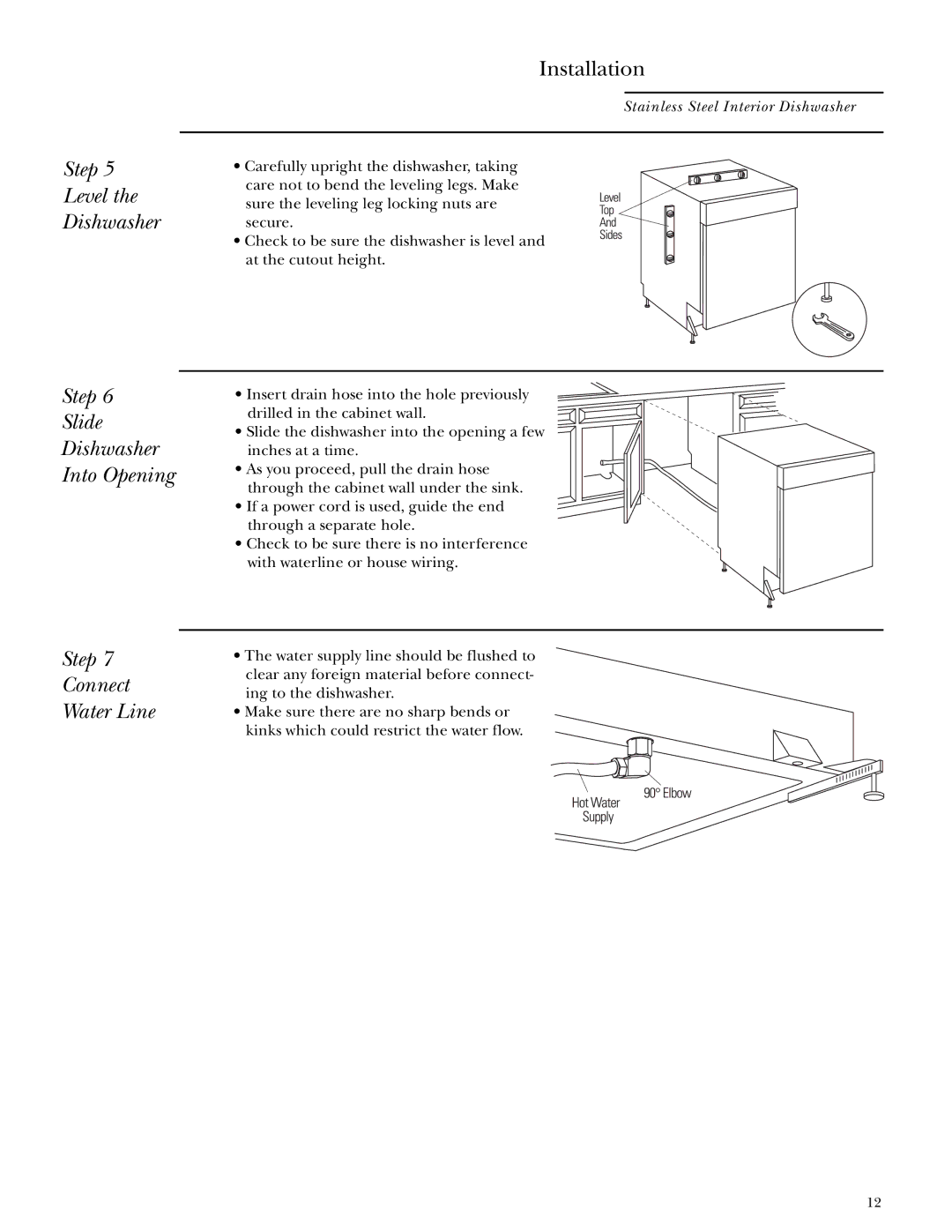 GE ZBD5700, ZBD5600, ZBD5900 installation instructions Step Level Dishwasher Slide Into Opening, Step Connect Water Line 