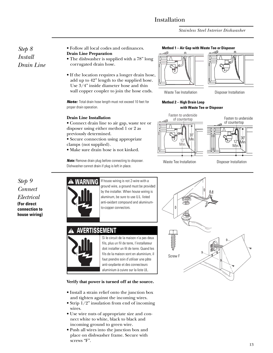 GE ZBD5600, ZBD5700 Step Install Drain Line, Step Connect Electrical, Drain Line Preparation, Drain Line Installation 