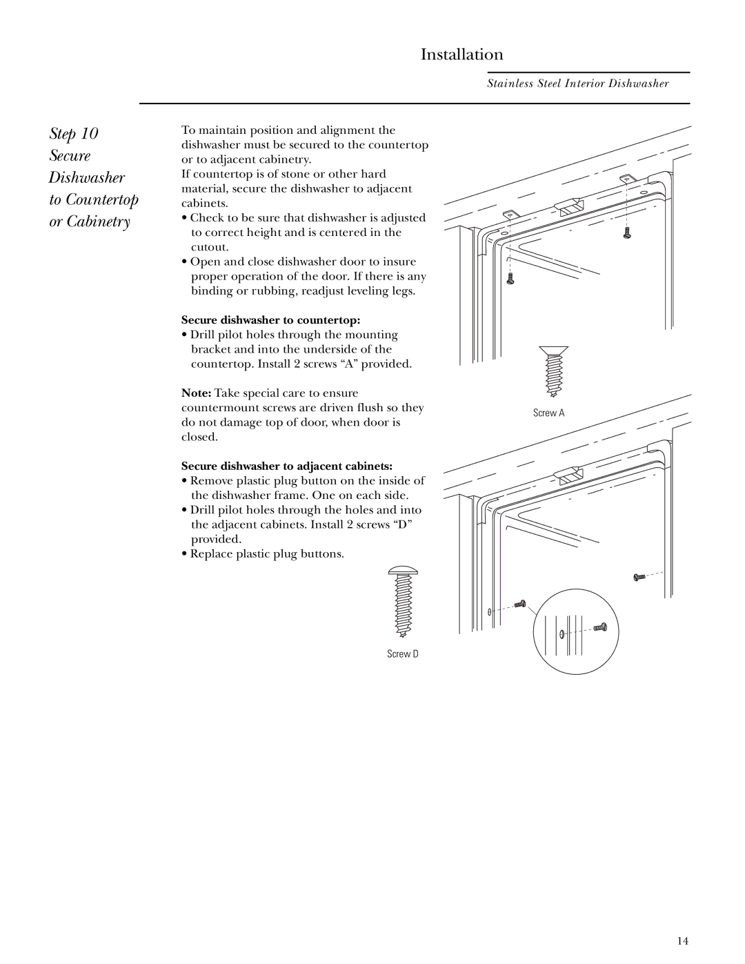 GE ZBD5900, ZBD5700, ZBD5600 Secure dishwasher to countertop, Secure dishwasher to adjacent cabinets 