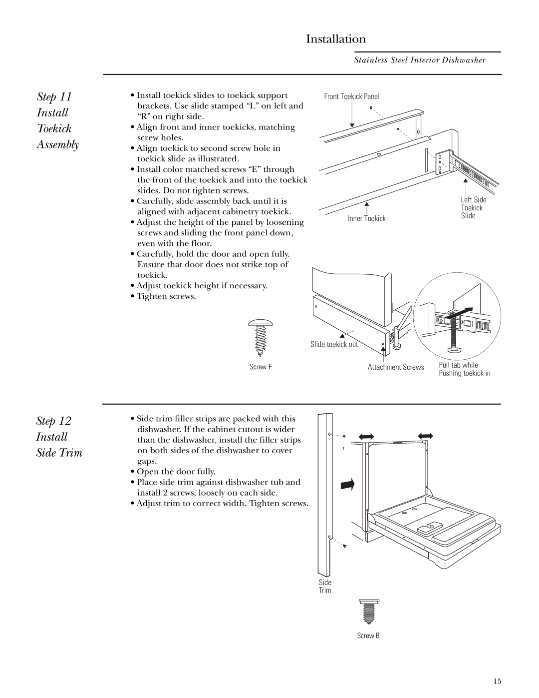 GE ZBD5700, ZBD5600, ZBD5900 installation instructions Step Install Toekick Assembly, Step Install Side Trim 