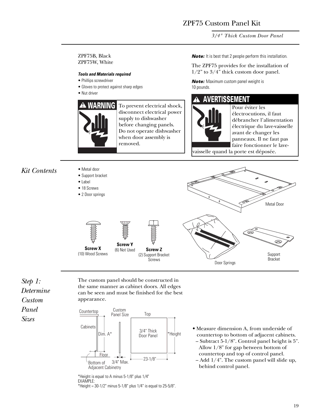 GE ZBD5600, ZBD5700, ZBD5900 installation instructions Kit Contents, Step Determine Custom Panel Sizes 