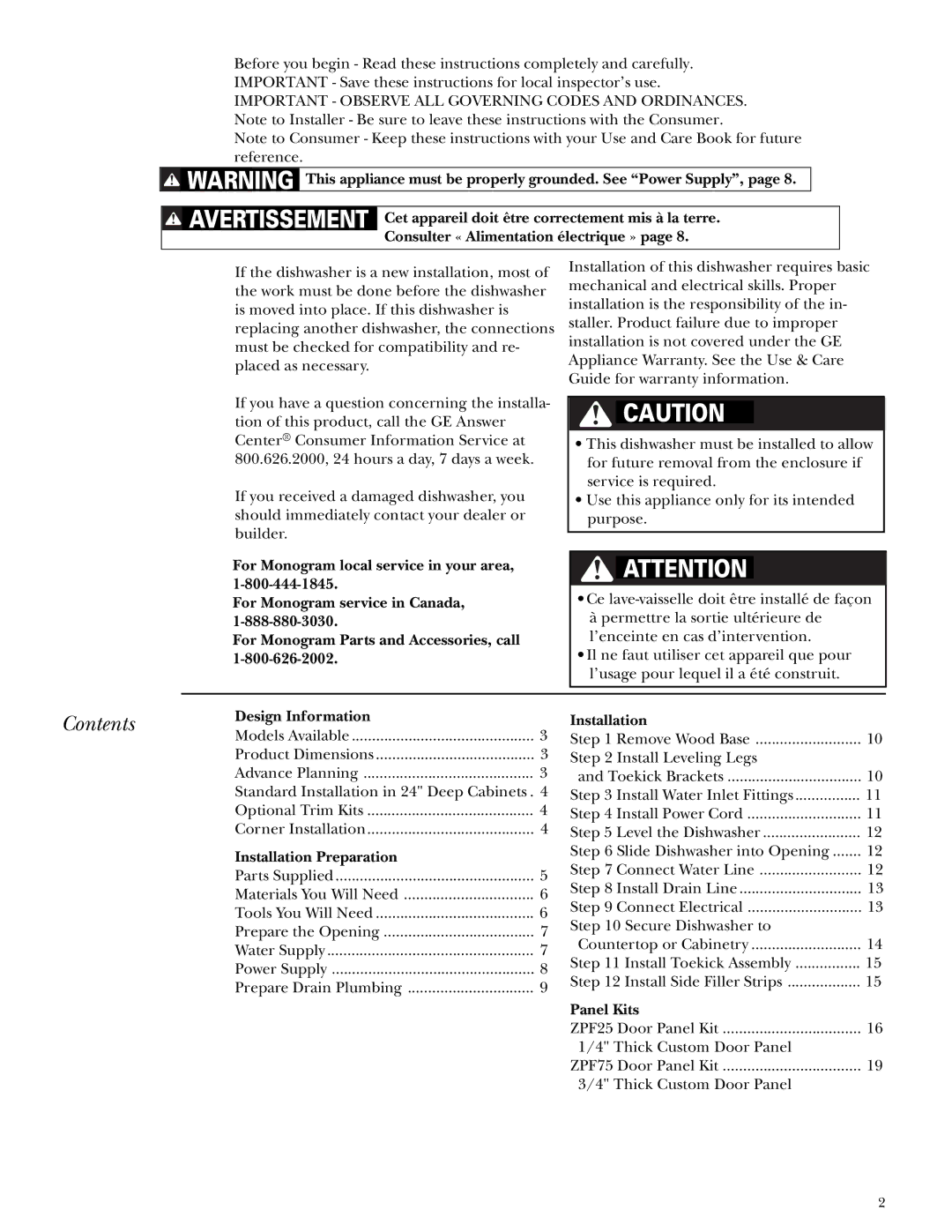 GE ZBD5900, ZBD5700, ZBD5600 installation instructions Contents 