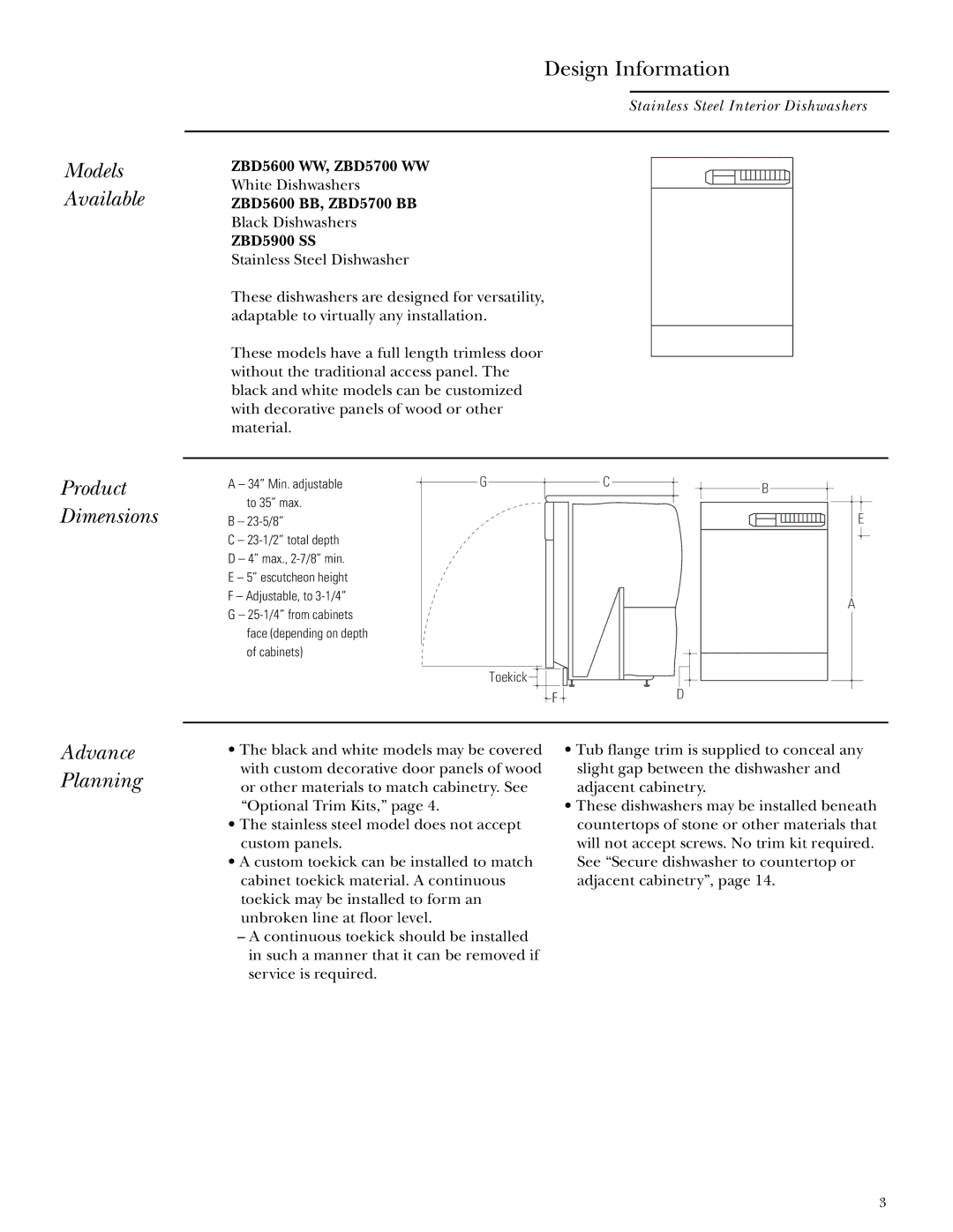 GE ZBD5700, ZBD5600, ZBD5900 Models Available, Design Information, Product Dimensions, Advance Planning 