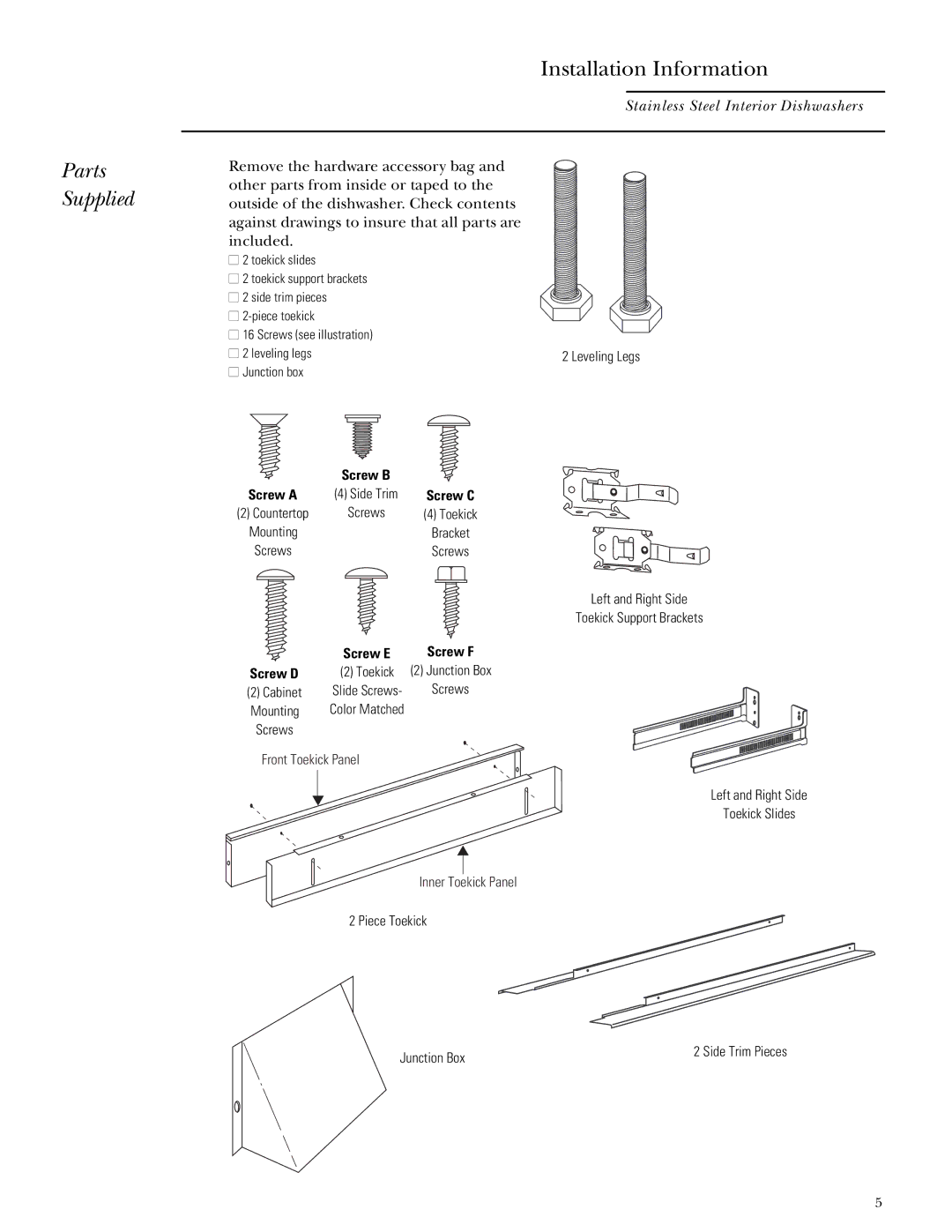 GE ZBD5900, ZBD5700, ZBD5600 installation instructions Installation Information, Parts Supplied 