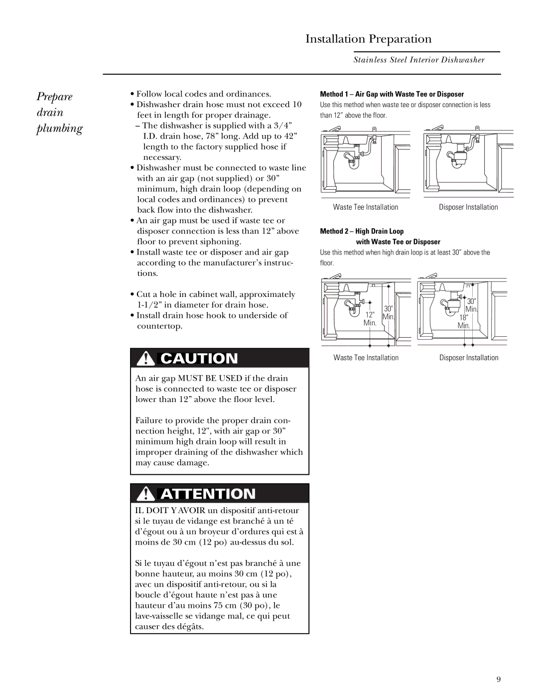 GE ZBD5700, ZBD5600, ZBD5900 installation instructions Prepare drain plumbing, Waste Tee Installation 