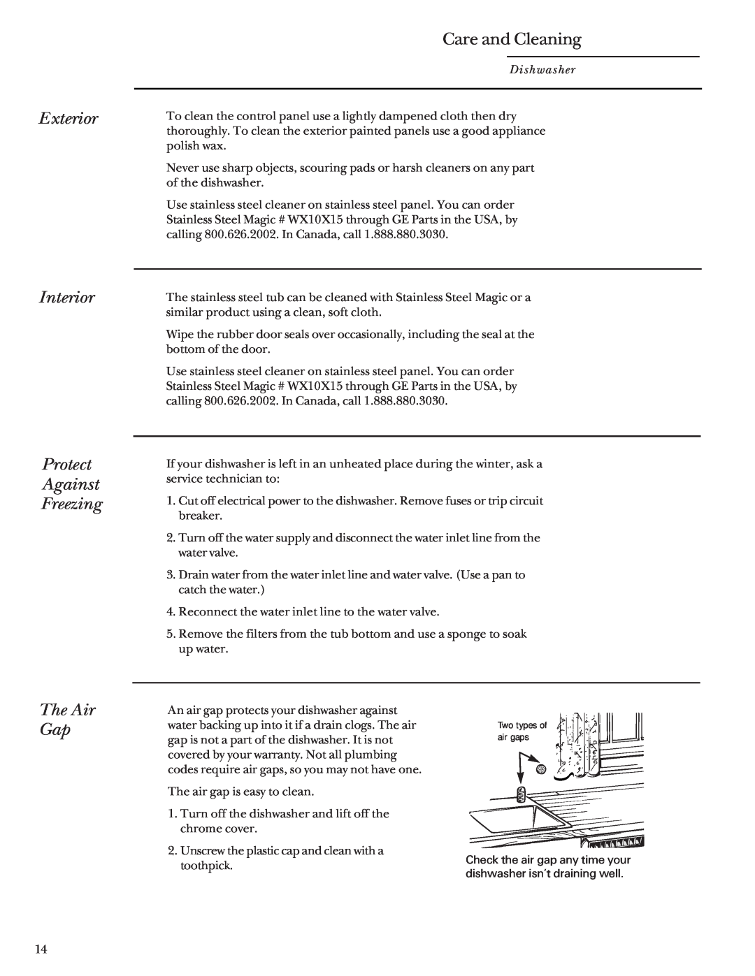 GE ZBD5900, ZBD5700, ZBD5600 manual Exterior Interior Protect Against Freezing, Care and Cleaning, The Air Gap, Dishwasher 