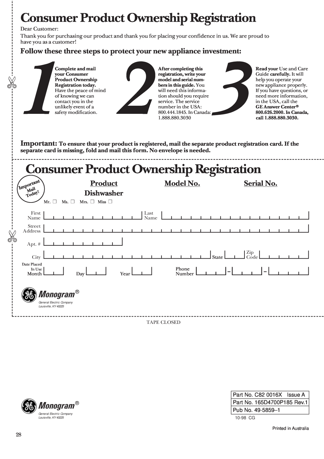 GE ZBD5600 Consumer Product Ownership Registration, Follow these three steps to protect your new appliance investment 