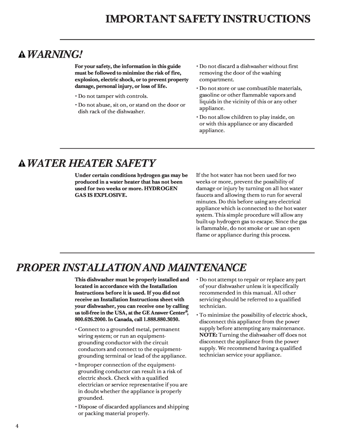 GE ZBD5600, ZBD5700, ZBD5900 manual Important Safety Instructions, Water Heater Safety, Proper Installation And Maintenance 
