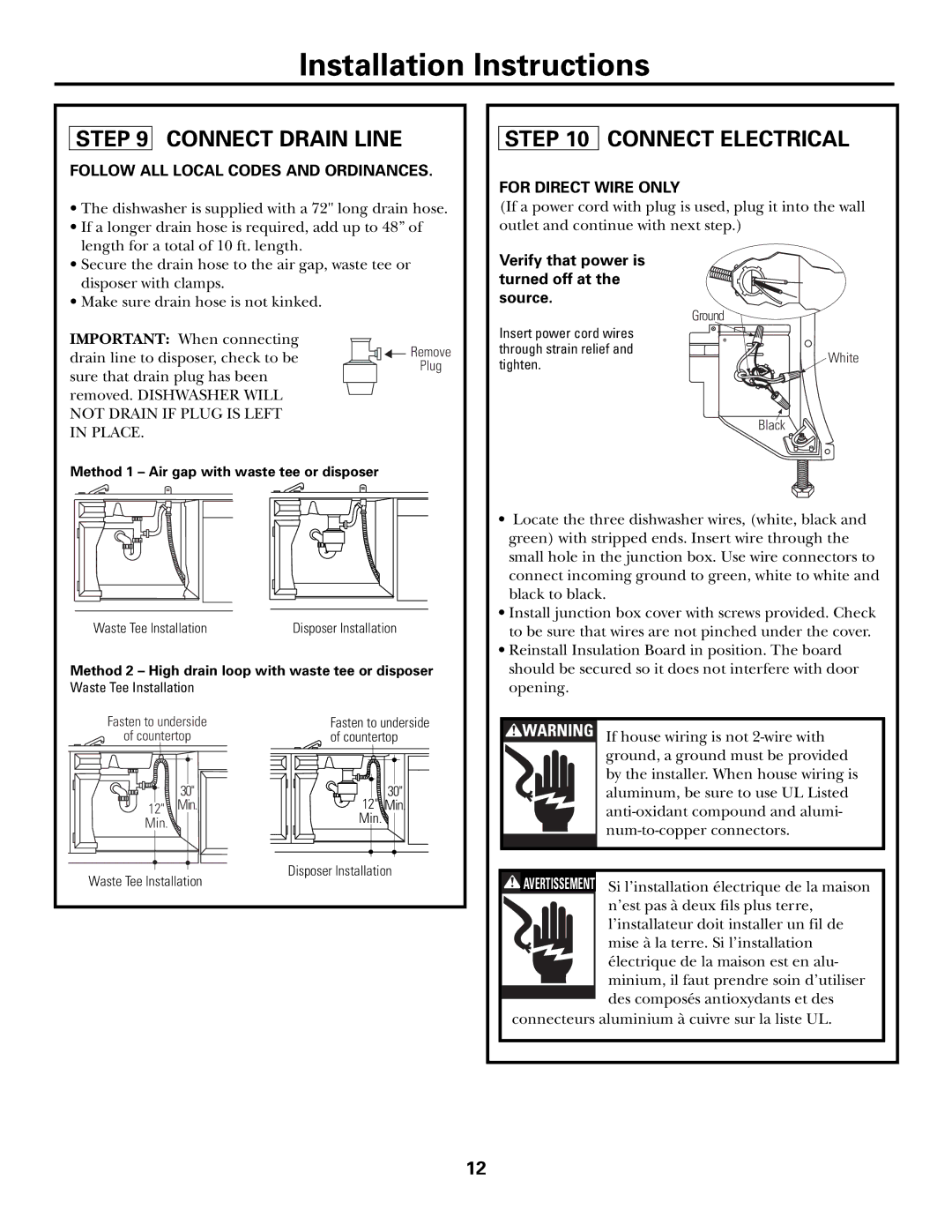 GE ZBD6900, ZBD6400, ZBD6600, ZBD6500 Connect Drain Line, Connect Electrical, Verify that power is turned off at the source 