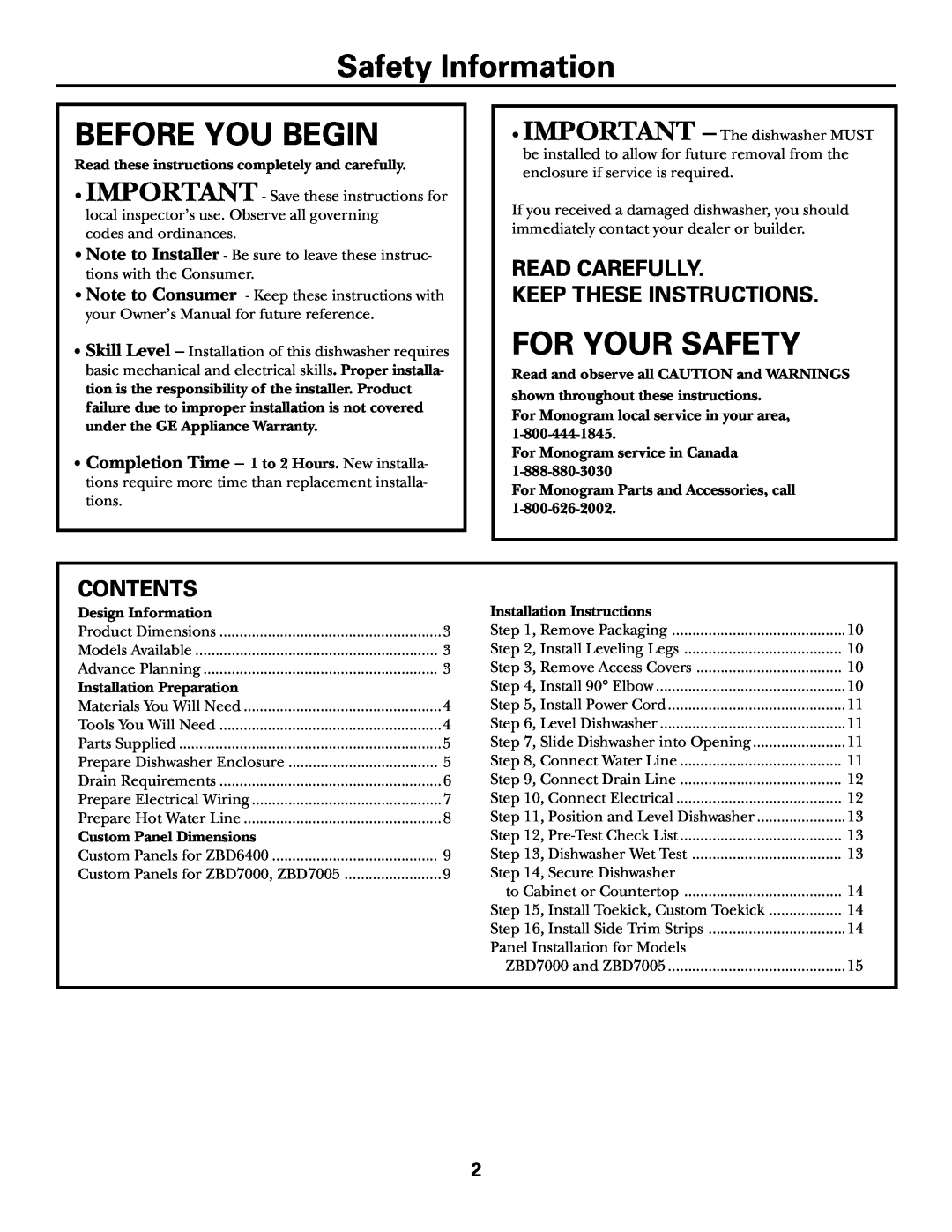 GE ZBD6600 Safety Information, Before You Begin, For Your Safety, Read Carefully Keep These Instructions, Contents 