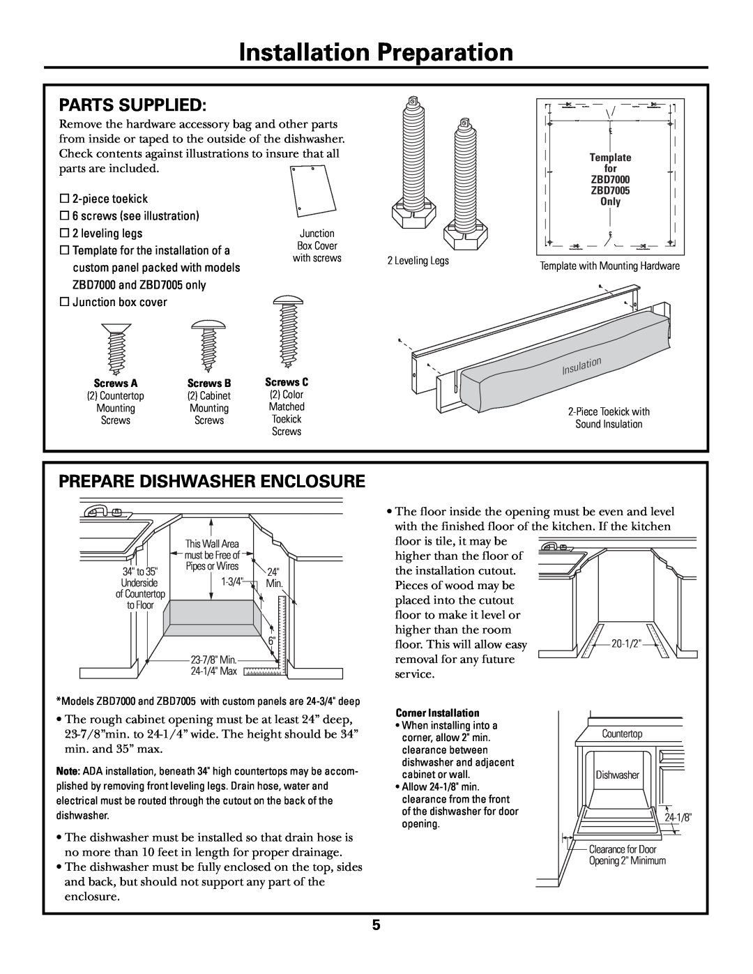 GE ZBD7100 Parts Supplied, Prepare Dishwasher Enclosure, Installation Preparation, piecetoekick, screws see illustration 