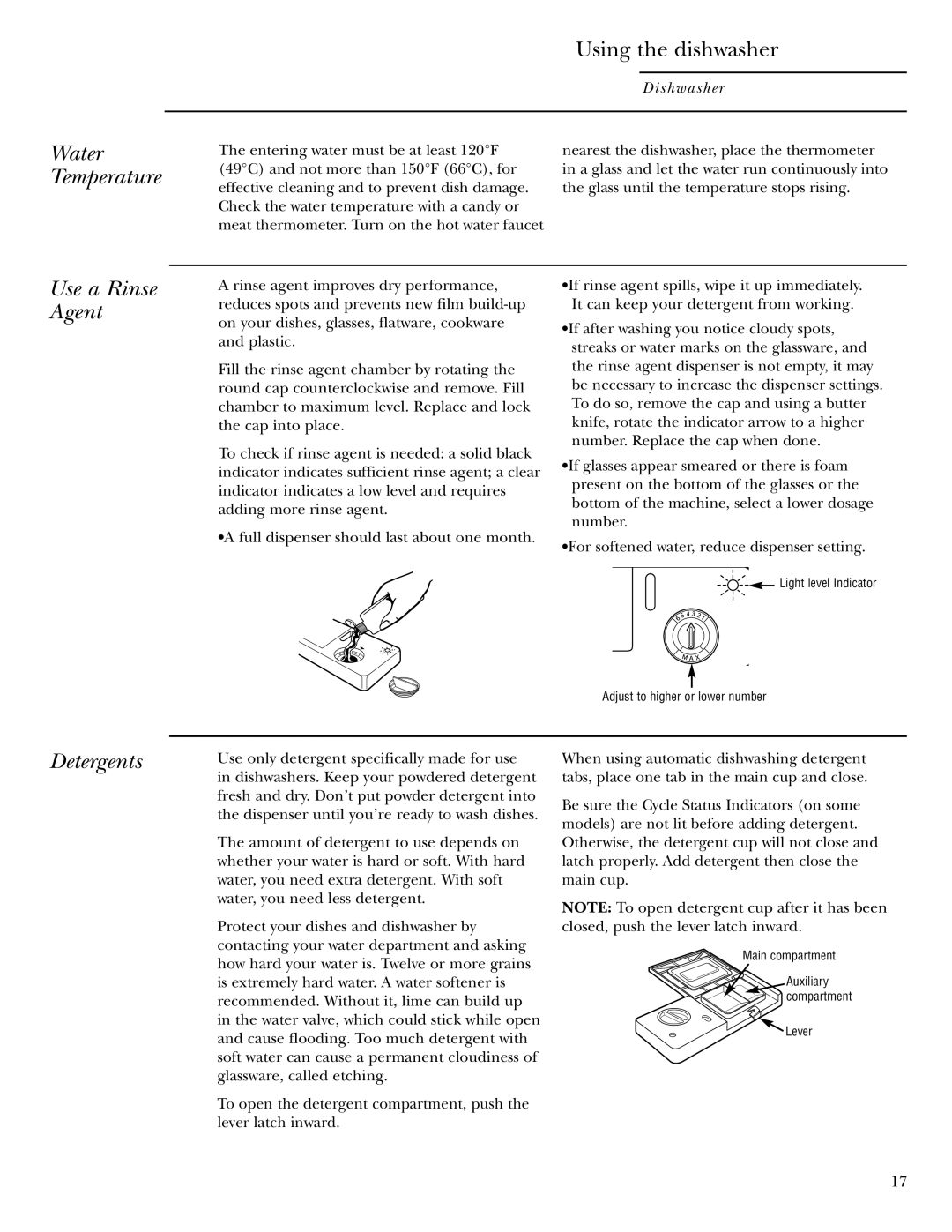 GE ZBD6500, ZBD6400, ZBD6900, ZBD6600, ZBD6700, ZBD7100, ZBD7000 owner manual Using the dishwasher, Use a Rinse Agent, Detergents 