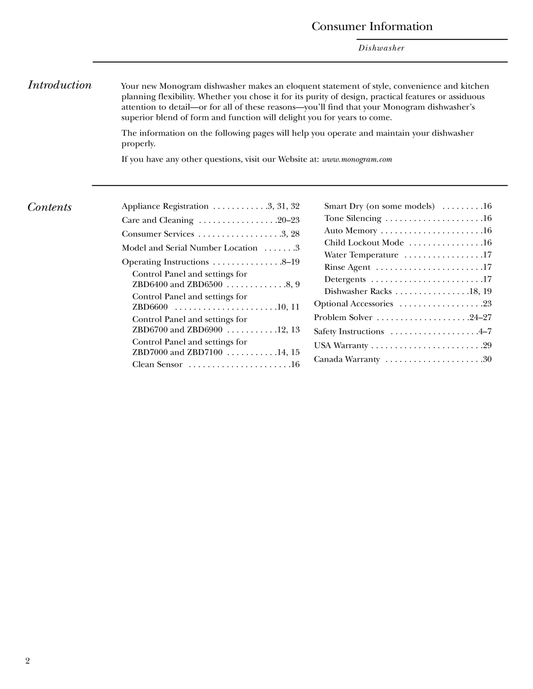 GE ZBD6600, ZBD6400, ZBD6900, ZBD6500, ZBD6700, ZBD7100, ZBD7000 owner manual Introduction, Contents 