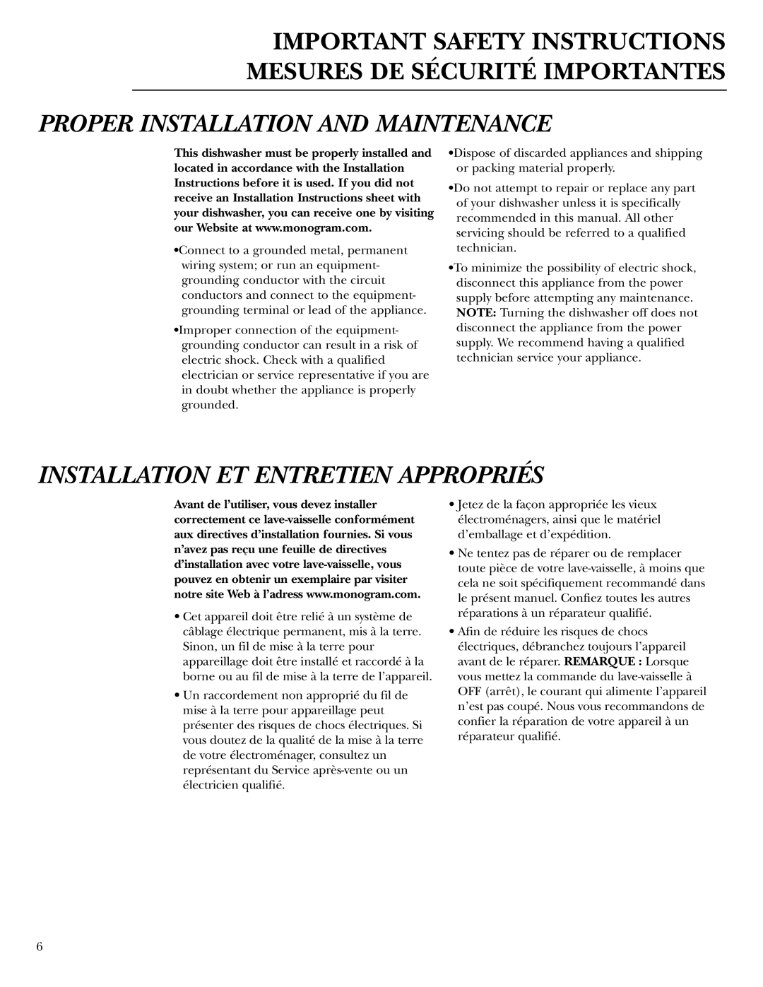 GE ZBD7000, ZBD6400, ZBD6900, ZBD6600, ZBD6500, ZBD6700, ZBD7100 owner manual Proper Installation and Maintenance 