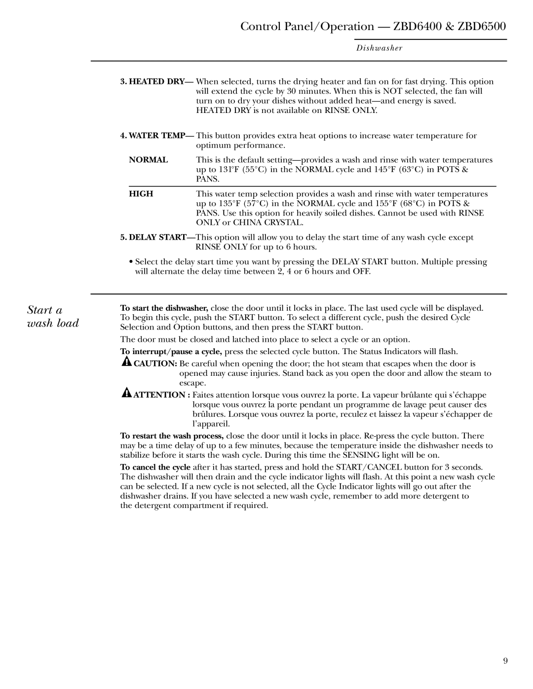 GE ZBD6600, ZBD6900, ZBD6700, ZBD7100, ZBD7000 owner manual Start a wash load, Control Panel/Operation ZBD6400 & ZBD6500, High 