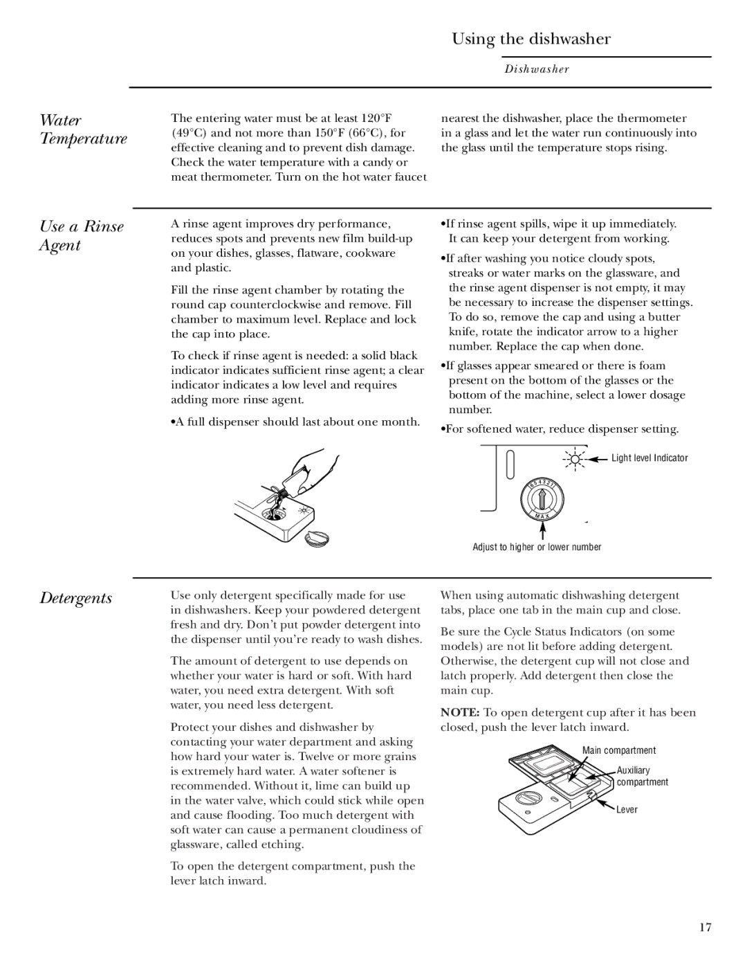 GE ZBD6500, ZBD6400, ZBD6900, ZBD6600, ZBD6700, ZBD7100, ZBD7000 owner manual Using the dishwasher, Use a Rinse Agent, Detergents 