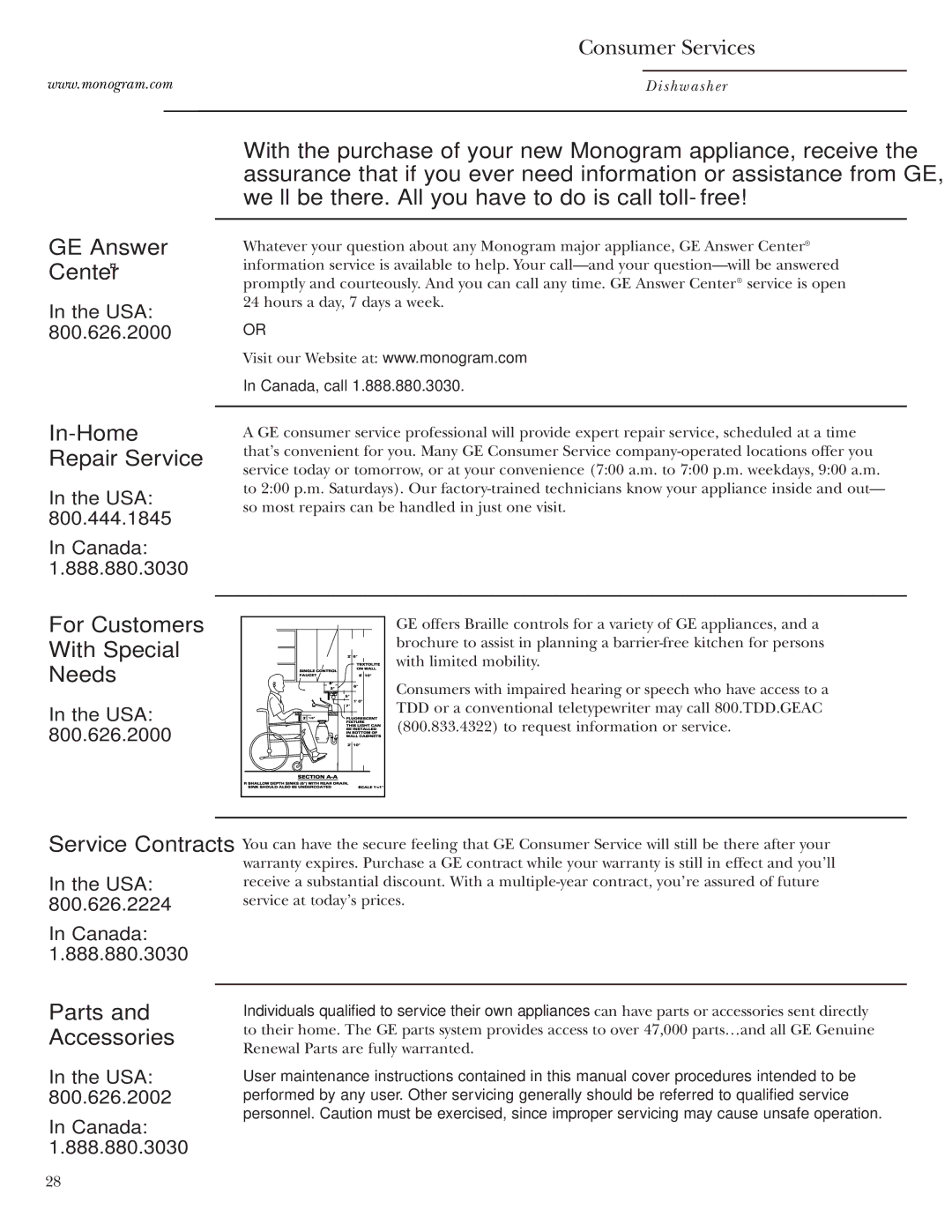 GE ZBD6400, ZBD6900, ZBD6600, ZBD6500, ZBD6700, ZBD7100, ZBD7000 owner manual Consumer Services, Parts Accessories 