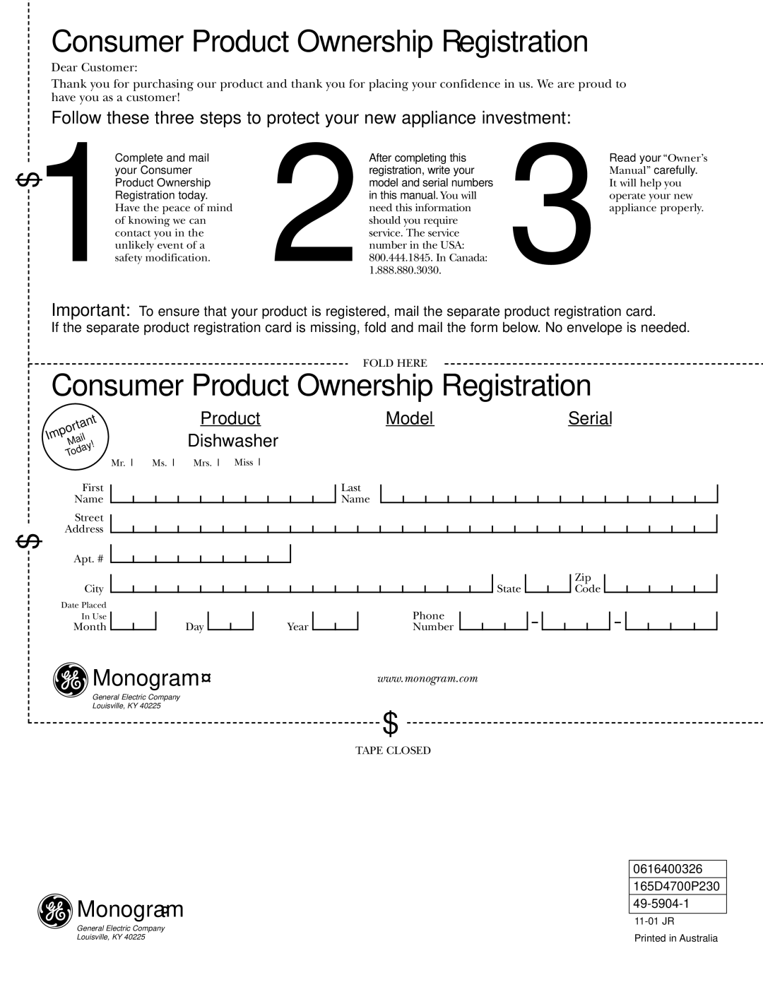 GE ZBD6700, ZBD6400, ZBD6900, ZBD6600, ZBD6500, ZBD7100, ZBD7000 owner manual Consumer Product Ownership Registration 