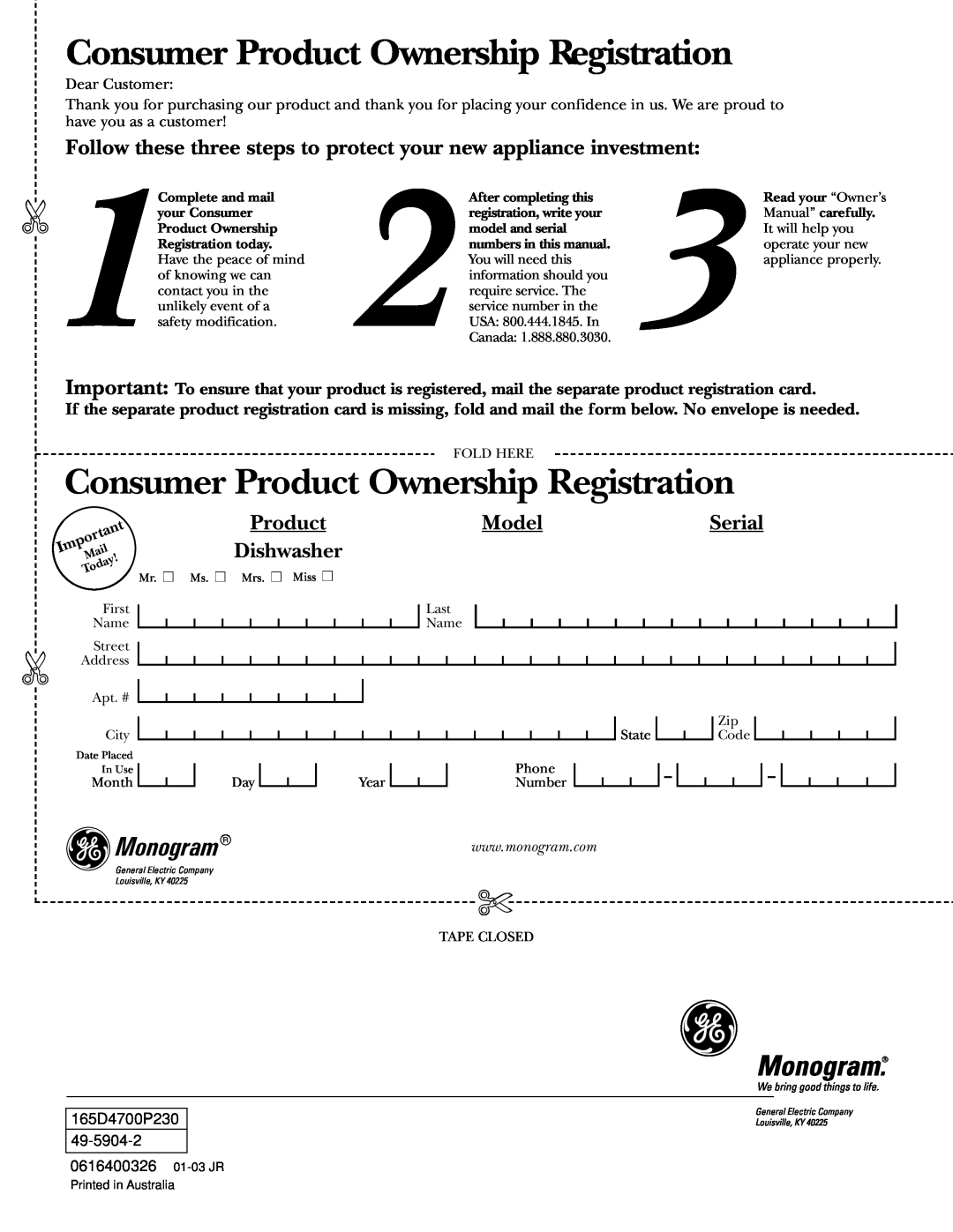 GE ZBD6700, ZBD6400, ZBD6900, ZBD6600, ZBD6500 Consumer Product Ownership Registration, Monogram, Model, Dishwasher, Serial 