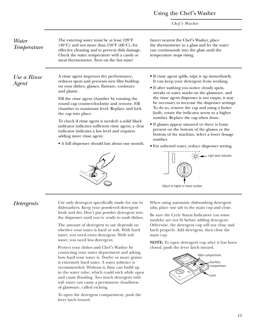 GE ZBD6605 ZBD6905 ZBD7005 ZBD7105 owner manual Using the Chef’s Washer, Use a Rinse Agent, Detergents 