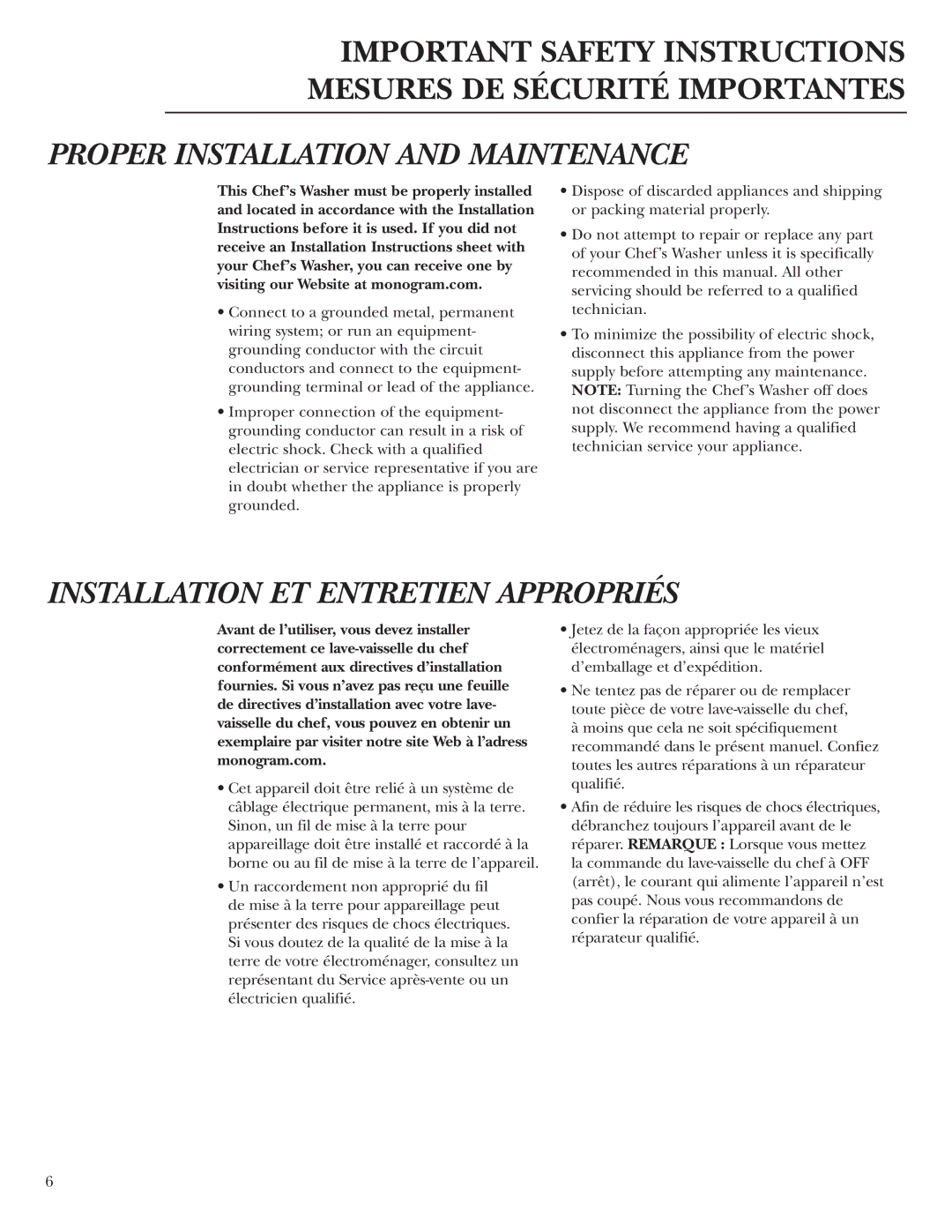 GE ZBD6605 ZBD6905 ZBD7005 ZBD7105 owner manual Proper Installation and Maintenance 