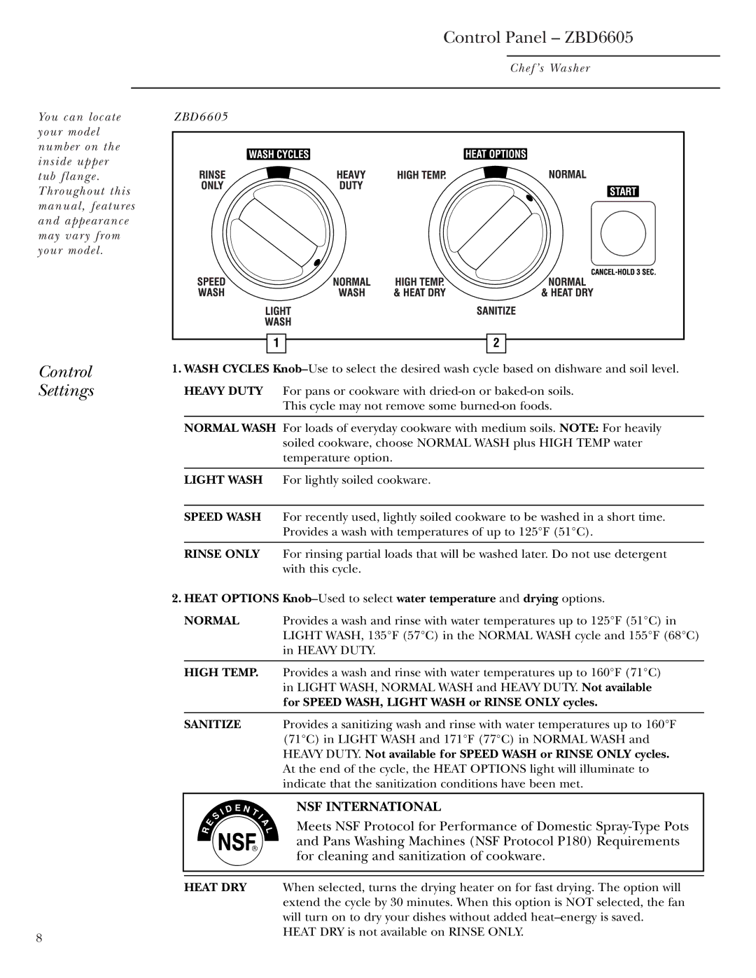 GE ZBD6605 ZBD6905 ZBD7005 ZBD7105 owner manual Control Settings, Control Panel ZBD6605, Normal High Temp Sanitize Heat DRY 