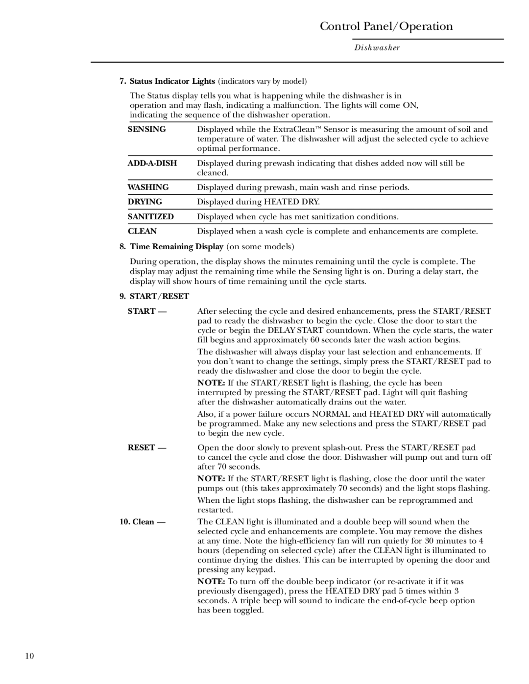 GE zbd6800k owner manual Drying, Displayed during Heated DRY, Clean, Time Remaining Display on some models, Start/Reset 