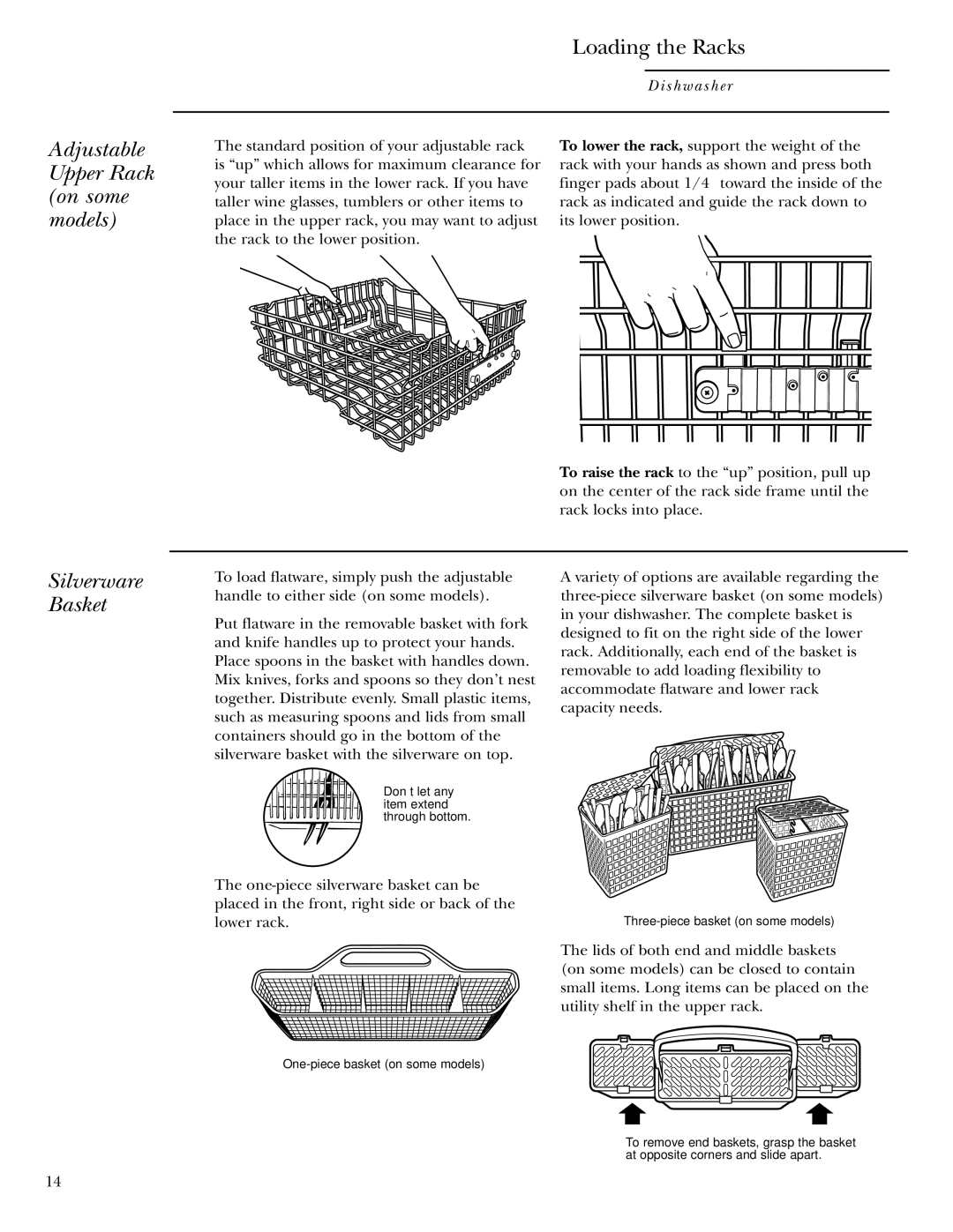 GE zbd6800k owner manual Adjustable Upper Rack on some models, Silverware Basket 