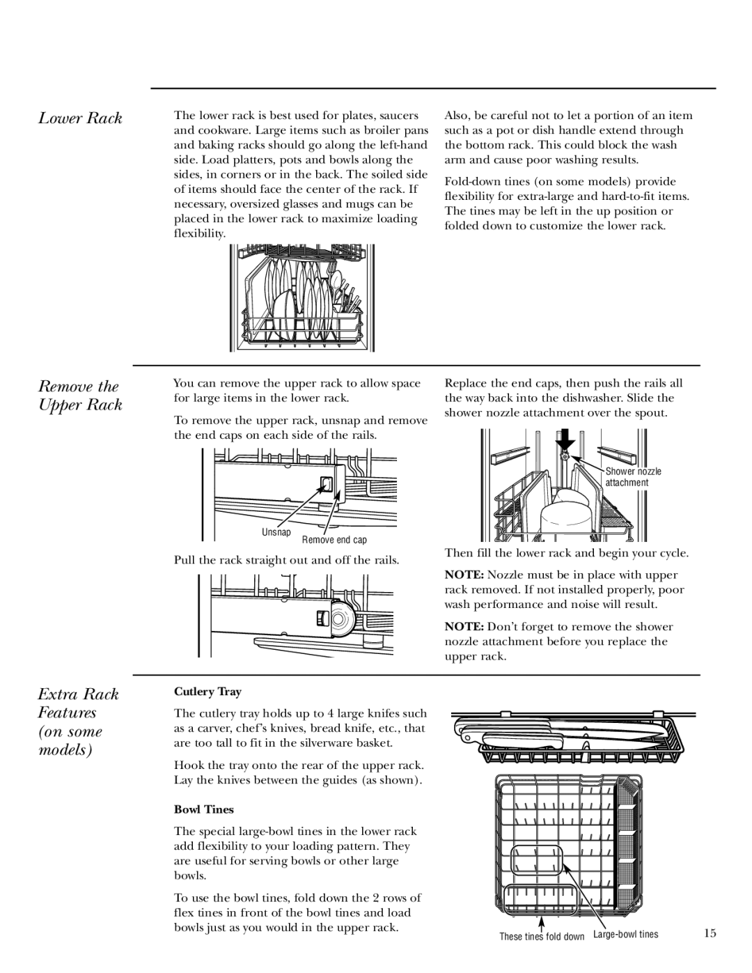 GE zbd6800k owner manual Lower Rack, Remove the Upper Rack, Extra Rack Features on some models, Cutlery Tray, Bowl Tines 