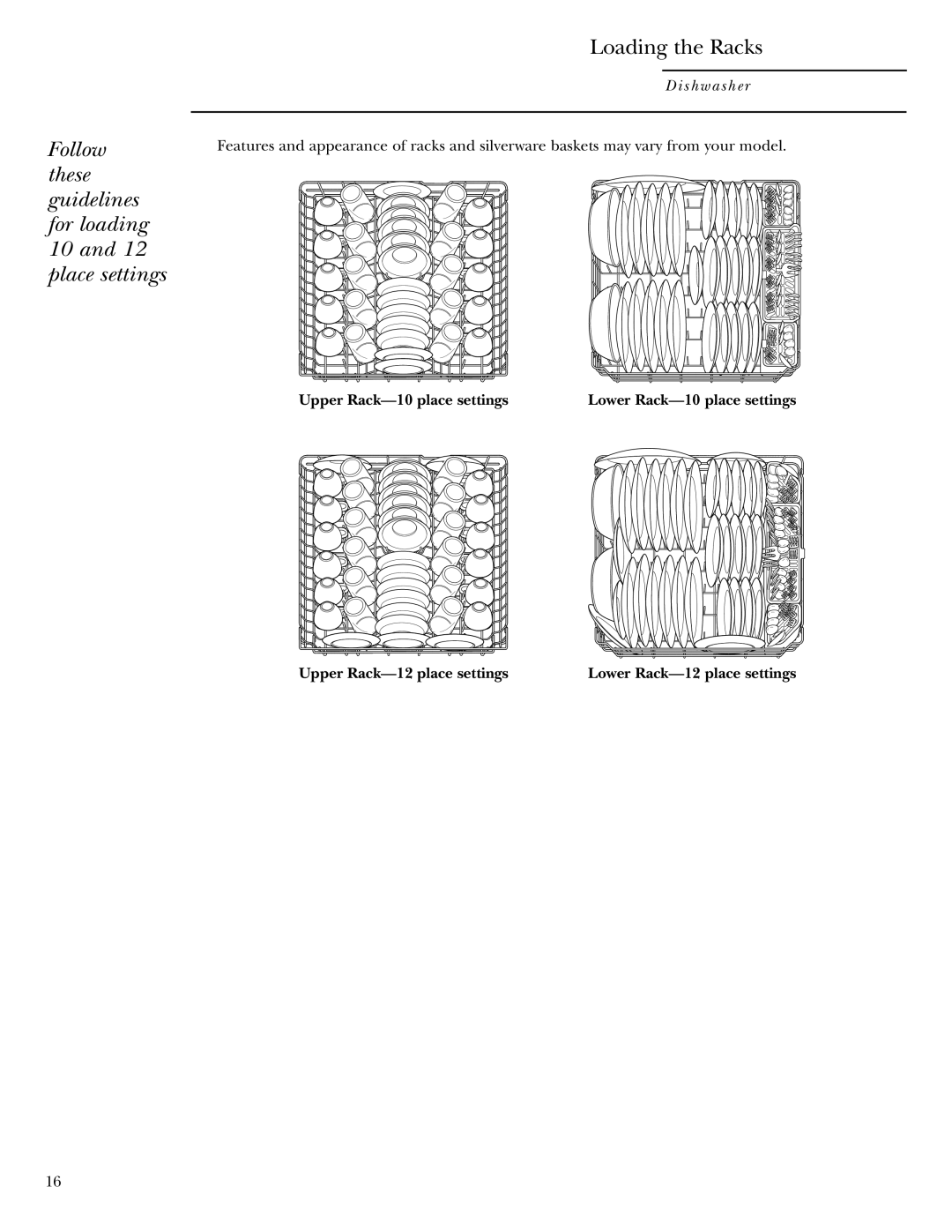 GE zbd6800k owner manual Follow these guidelines for loading 10 and 12 place settings 