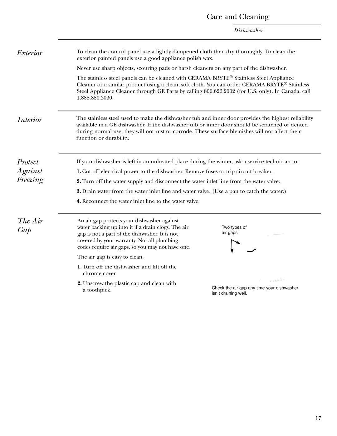 GE zbd6800k owner manual Exterior Interior Protect Against Freezing, Air Gap 