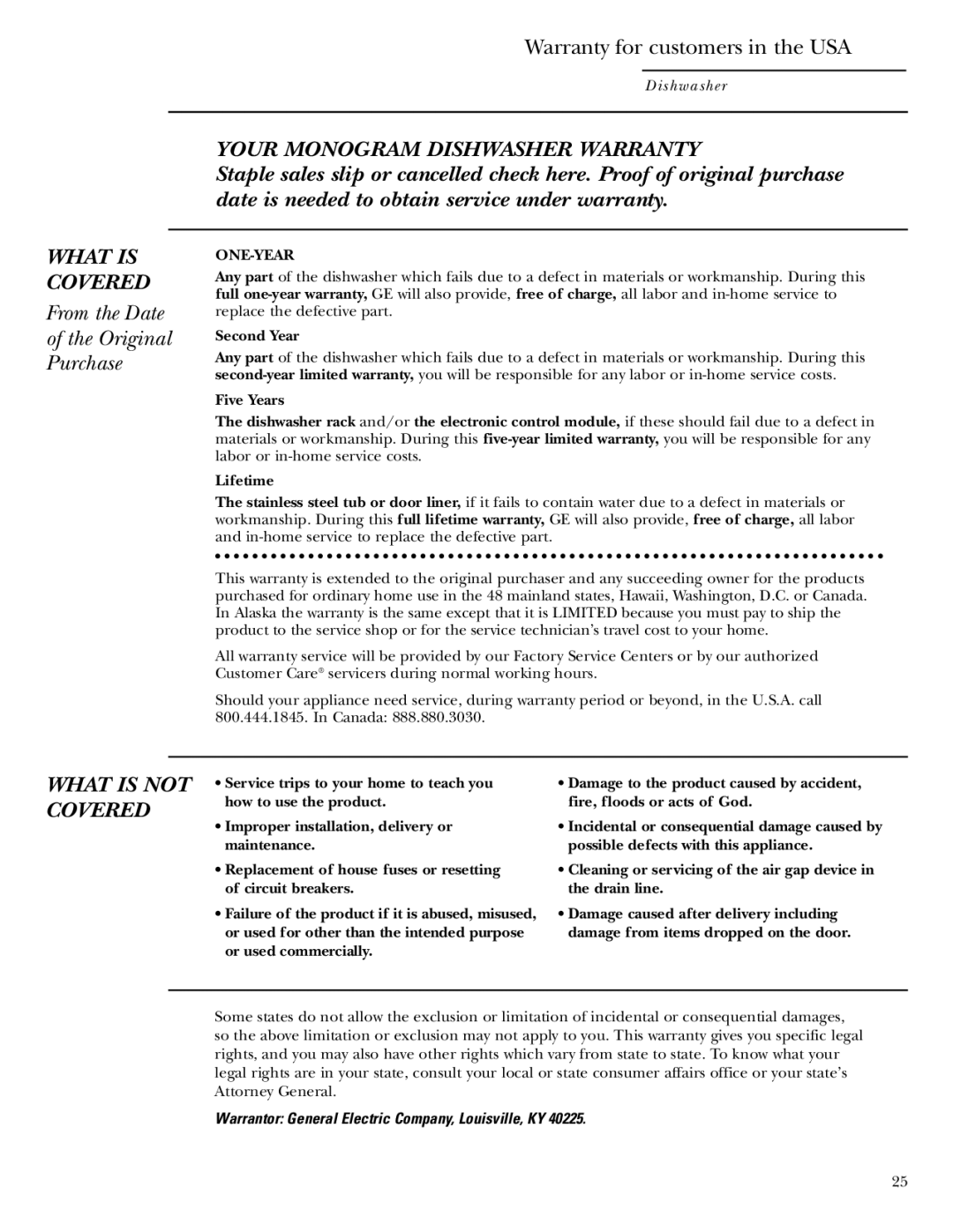 GE zbd6800k owner manual From the Date Original Purchase, One-Year, Second Year, Five Years, Lifetime 