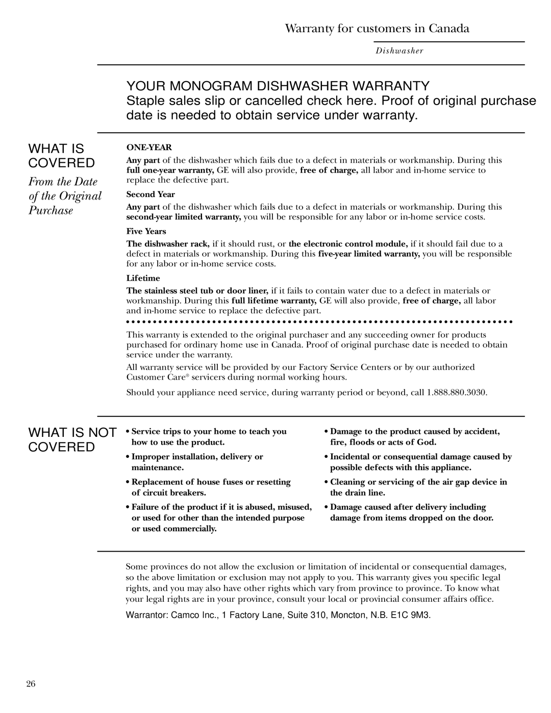 GE zbd6800k owner manual Warranty for customers in Canada 