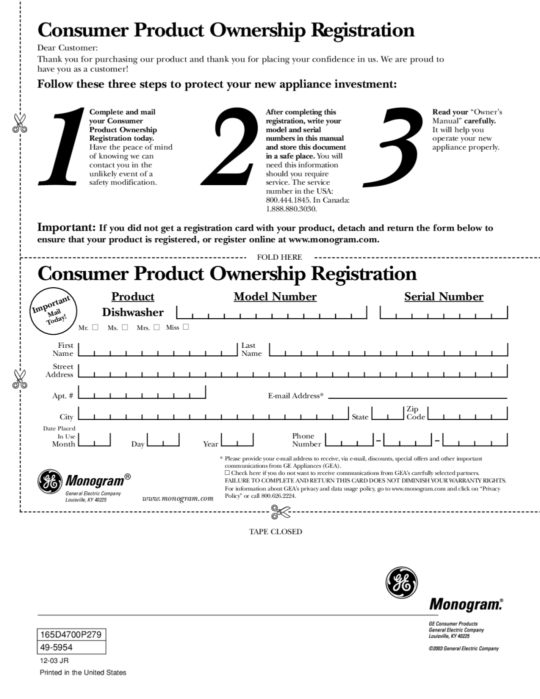 GE zbd6800k owner manual Consumer Product Ownership Registration 