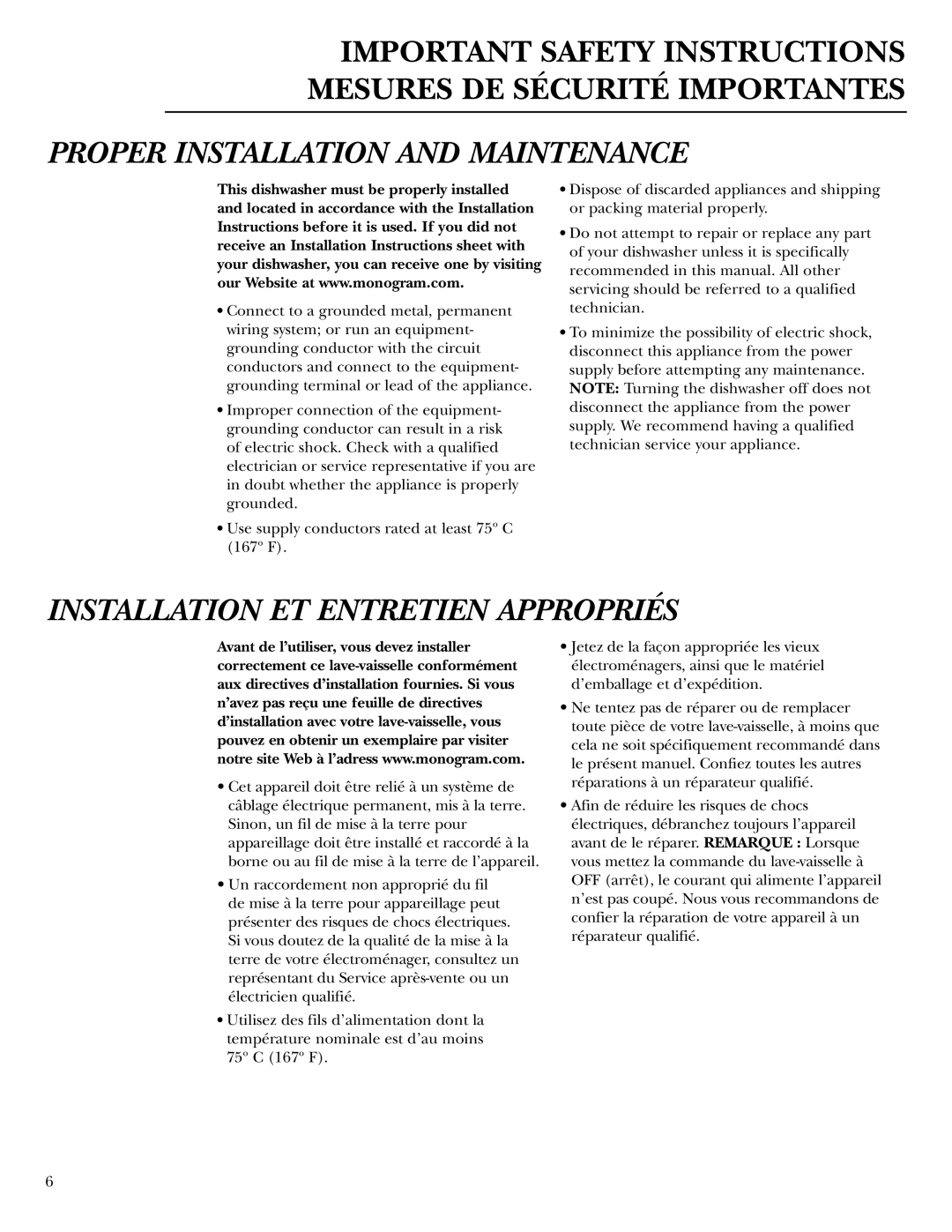 GE zbd6800k owner manual Proper Installation and Maintenance 