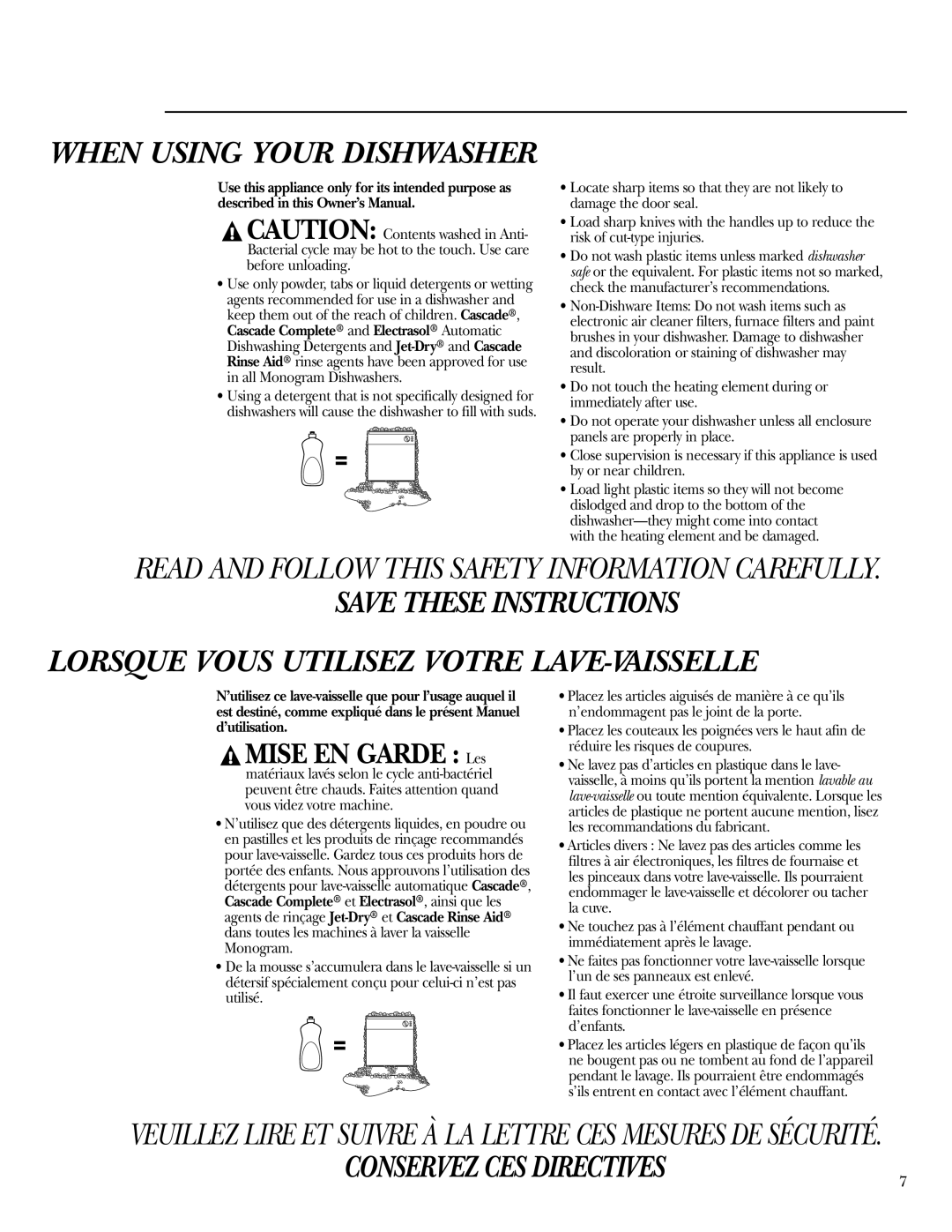 GE zbd6800k owner manual When Using Your Dishwasher 