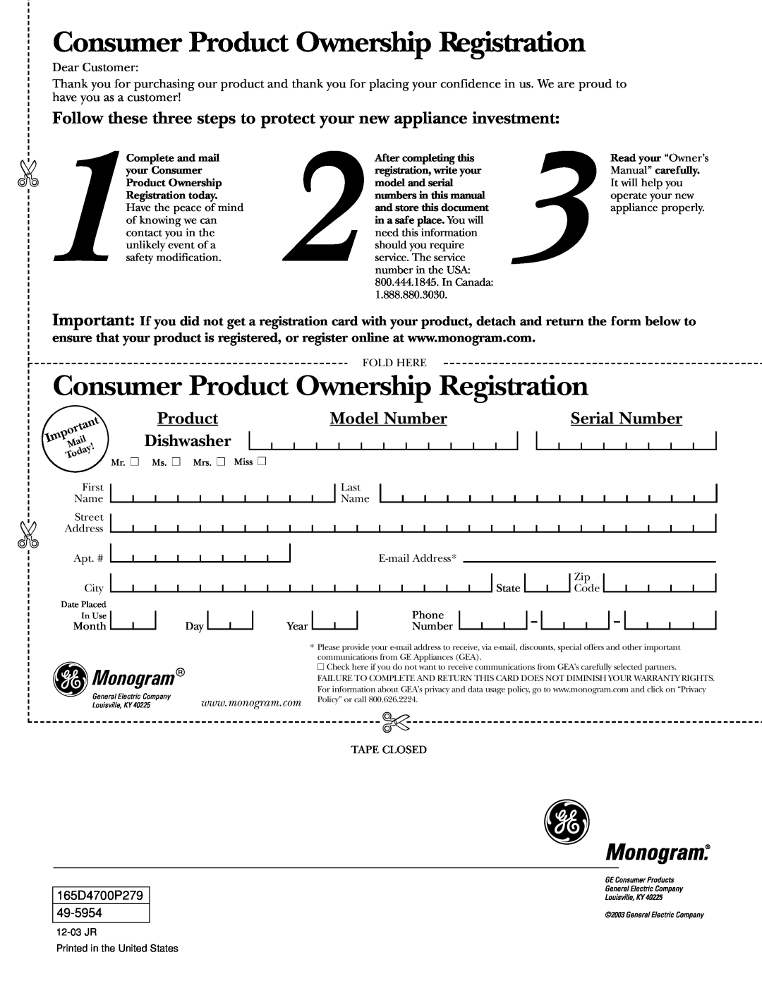 GE zbd6800k Consumer Product Ownership Registration, Monogram, Model Number, Serial Number, Dishwasher, 165D4700P279 