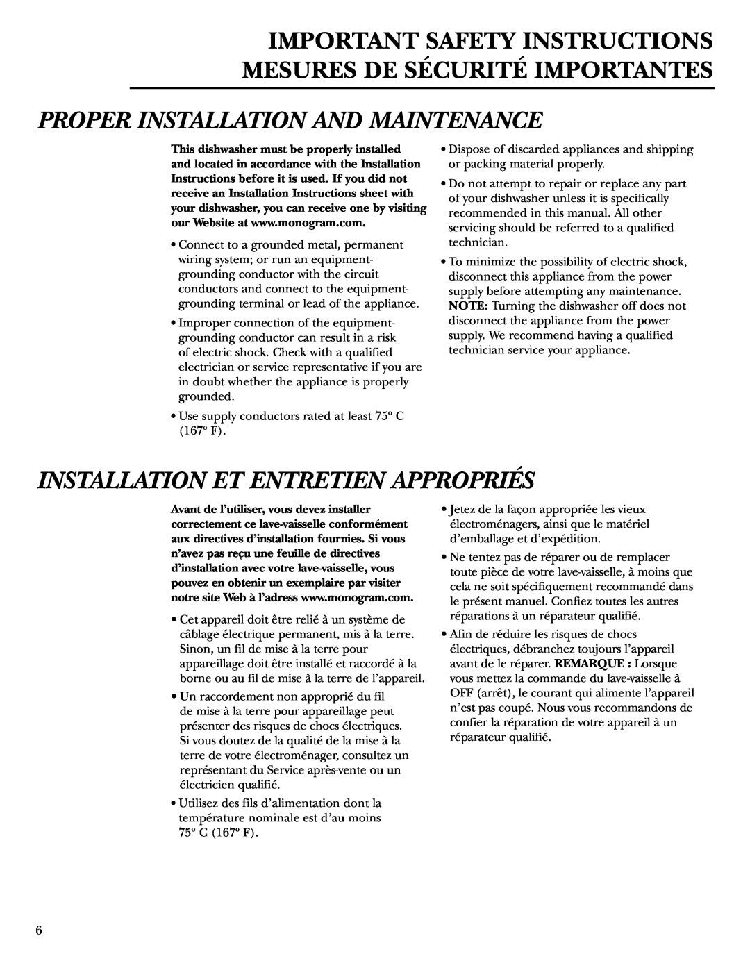 GE zbd6800k owner manual Proper Installation And Maintenance, Installation Et Entretien Appropriés 