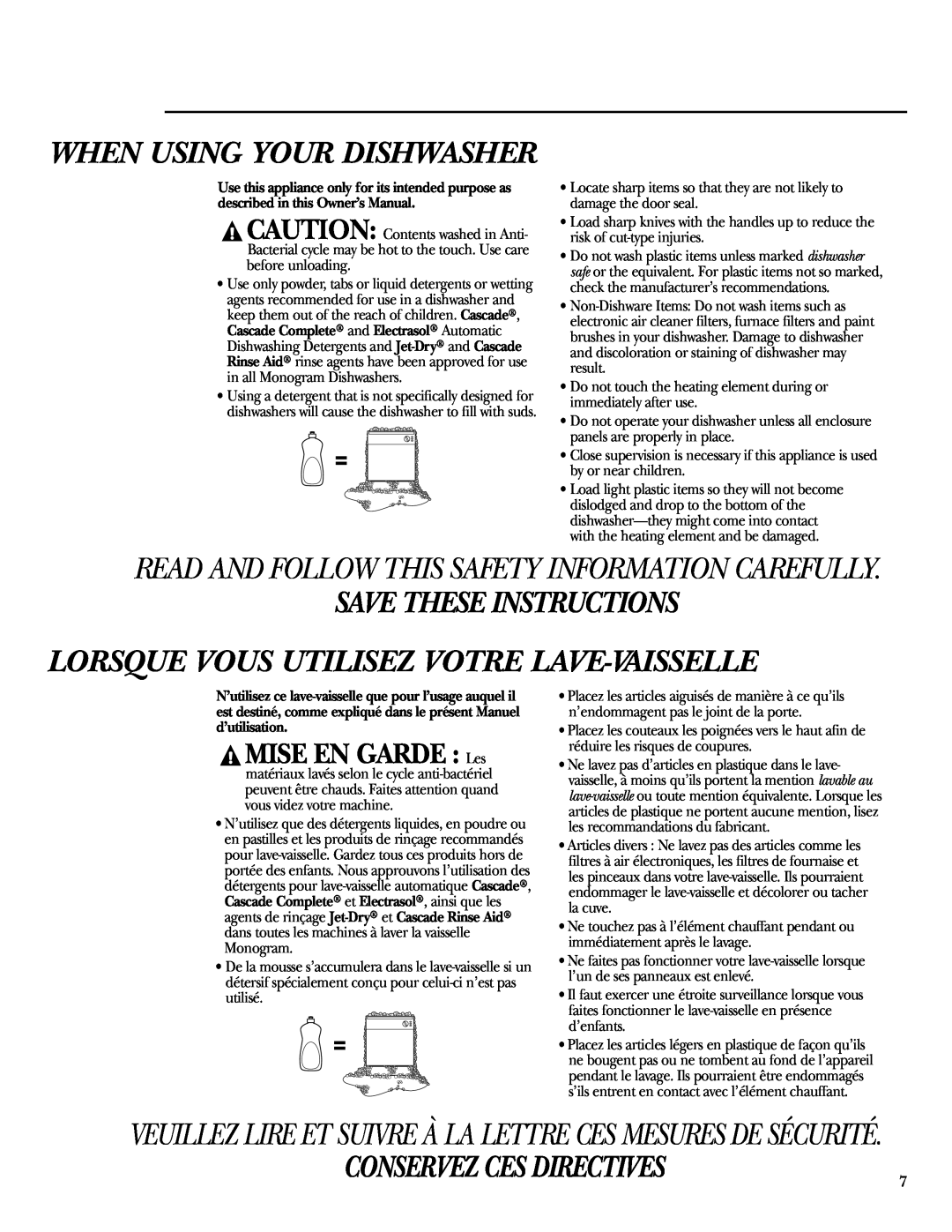 GE zbd6800k owner manual When Using Your Dishwasher, Save These Instructions Lorsque Vous Utilisez Votre Lave-Vaisselle 