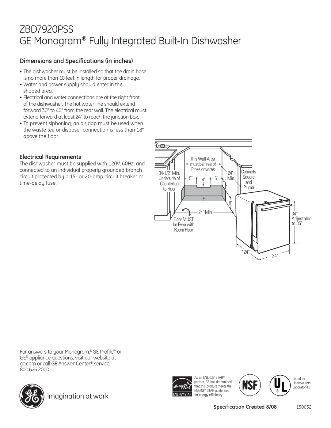 GE ZBD7920PSS dimensions Zbd7920PSS GE Monogram Fully Integrated Built-In Dishwasher, Electrical Requirements, Min 