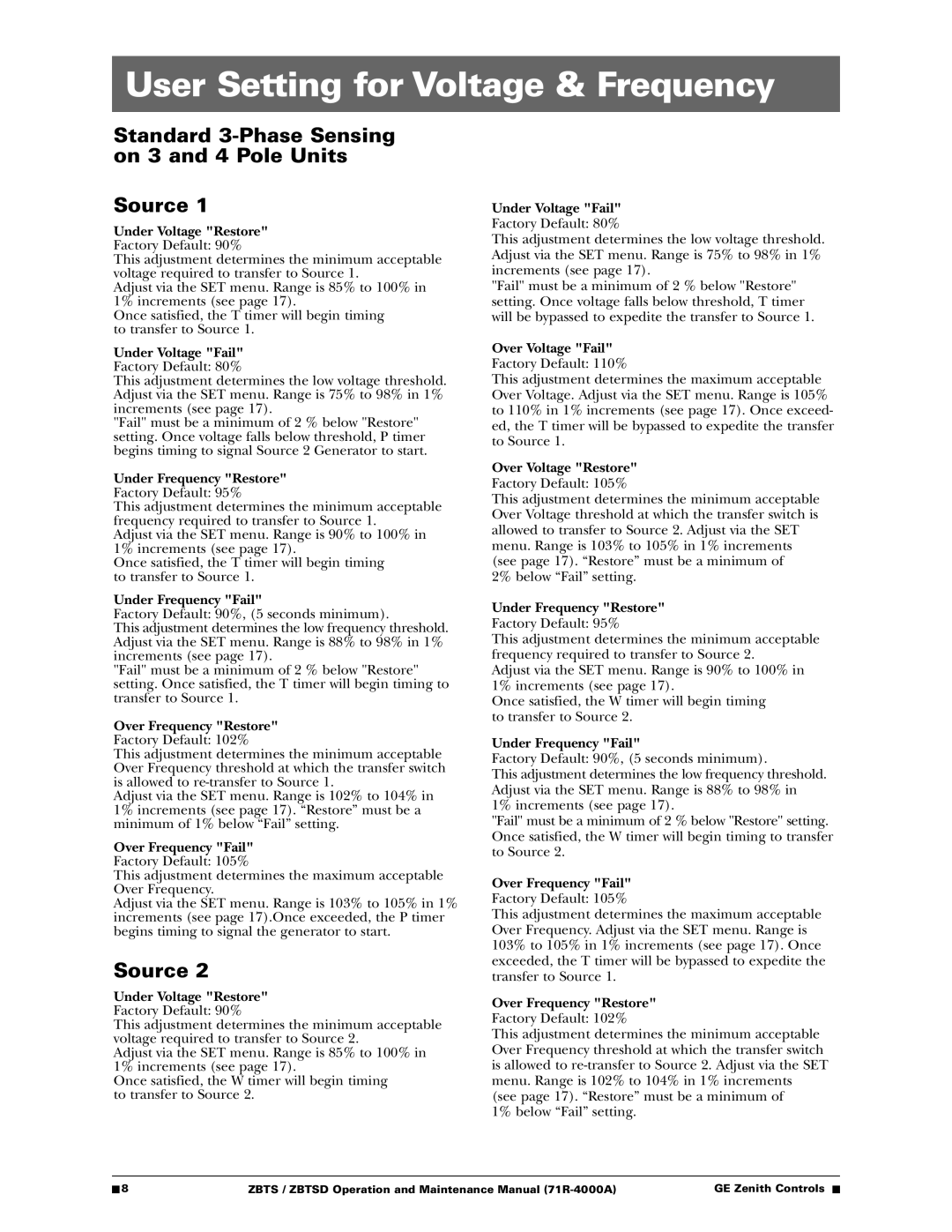 GE ZBTSD manual User Setting for Voltage & Frequency, Standard 3-Phase Sensing on 3 and 4 Pole Units Source 