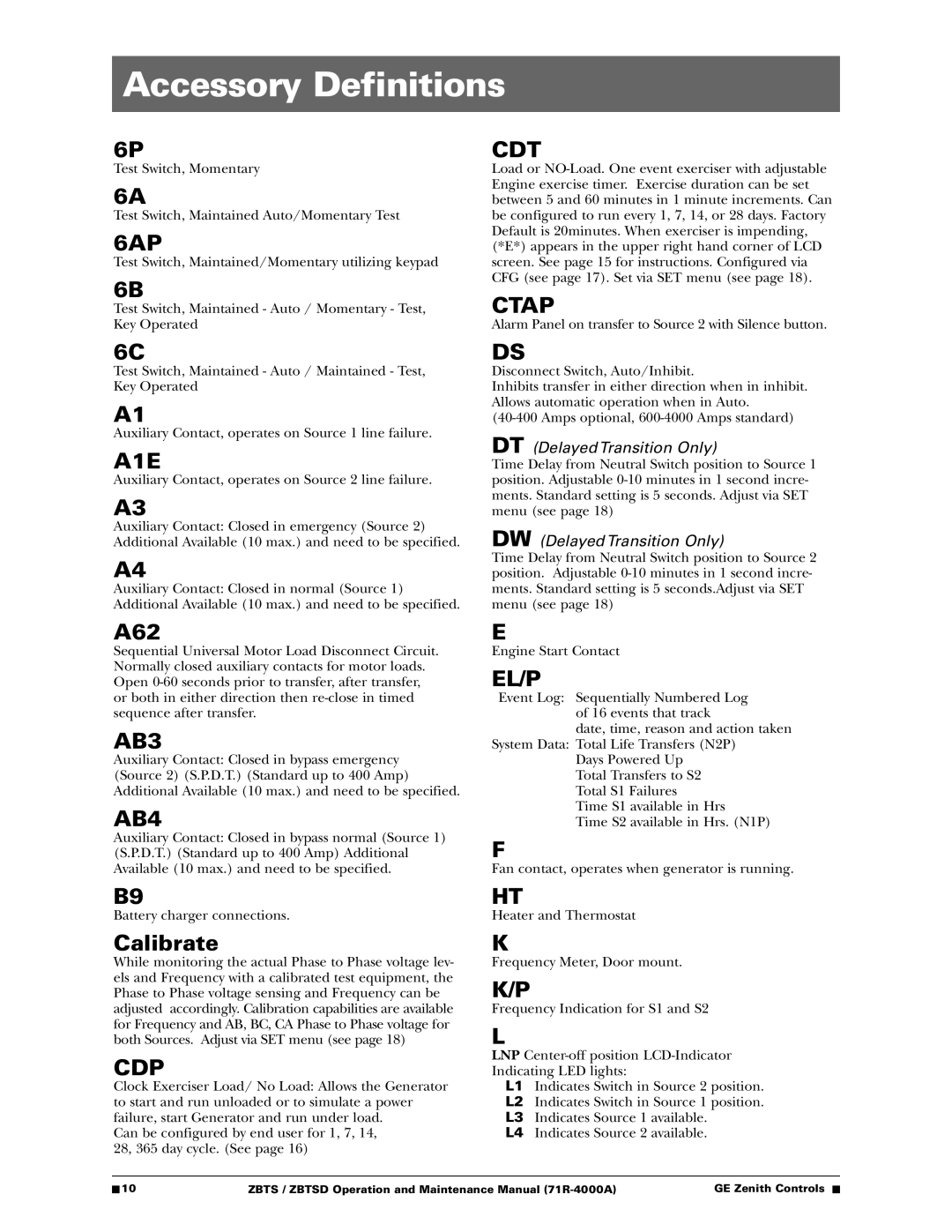 GE ZBTSD manual Accessory Definitions, A62, Calibrate 