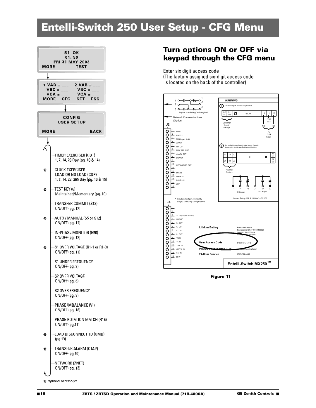 GE ZBTSD manual Entelli-Switch 250 User Setup CFG Menu, Turn options on or OFF via keypad through the CFG menu 