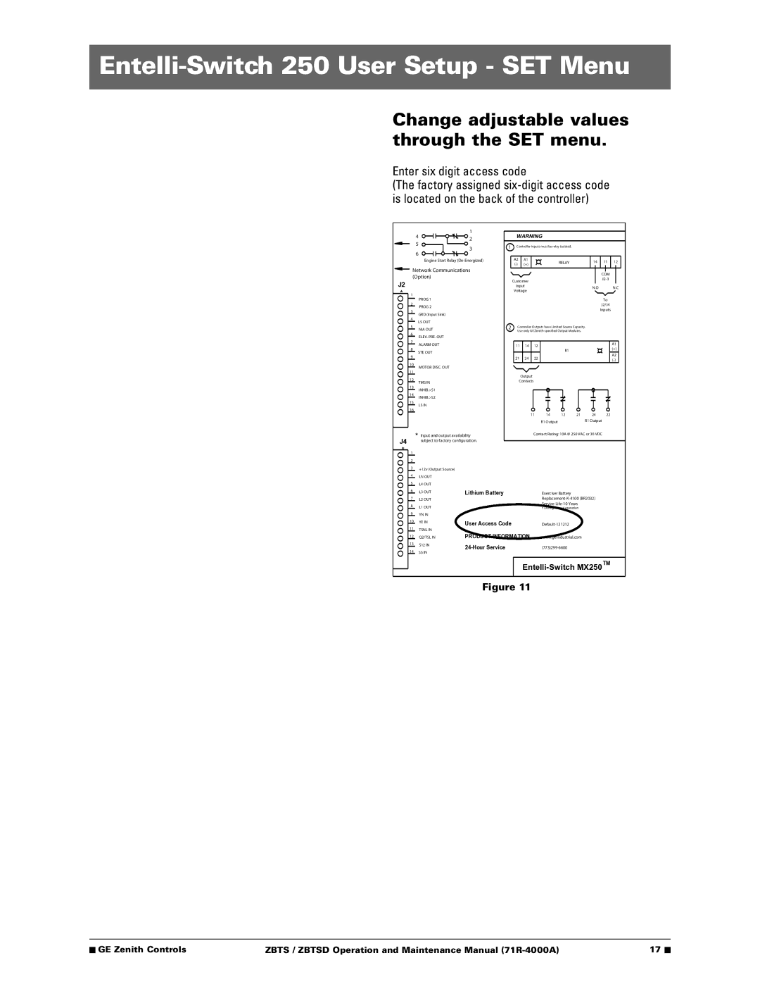 GE ZBTSD manual Entelli-Switch 250 User Setup SET Menu, Change adjustable values through the SET menu 