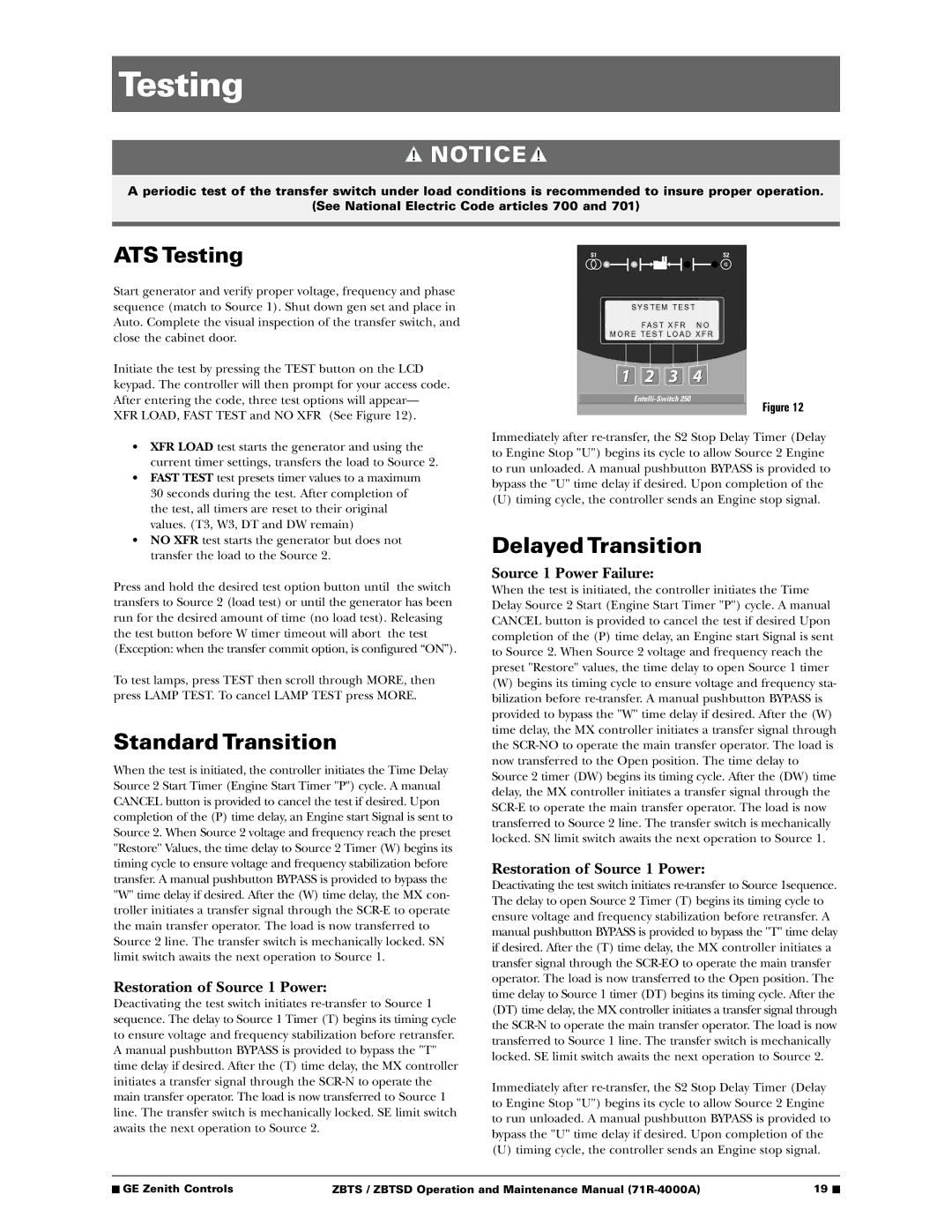 GE ZBTSD manual ATS Testing, Standard Transition, Delayed Transition 