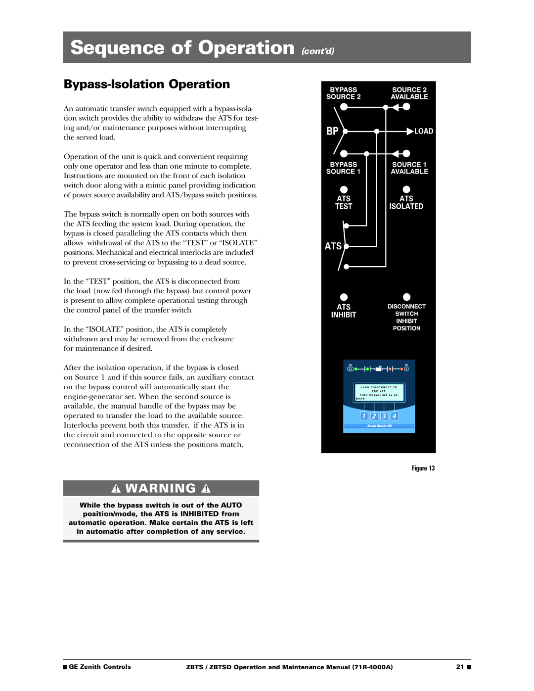 GE ZBTSD manual Sequence of Operation cont’d, Bypass-Isolation Operation 